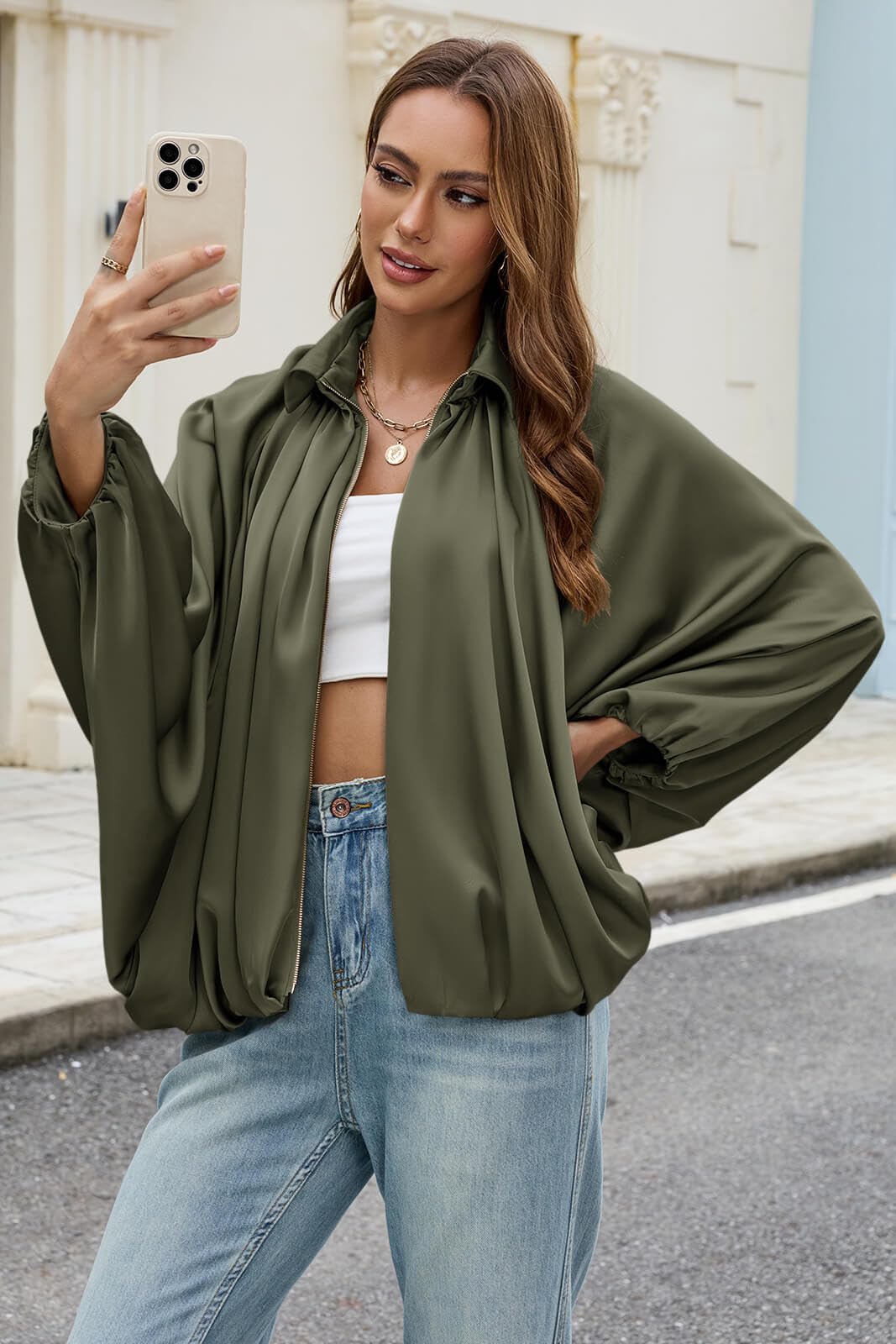 EGOCKAL Womens Satin Puffed Bomber Jacket Oversized Batwing Sleeve Lapel Collar Pleated Zip Up Outerwear Shirts