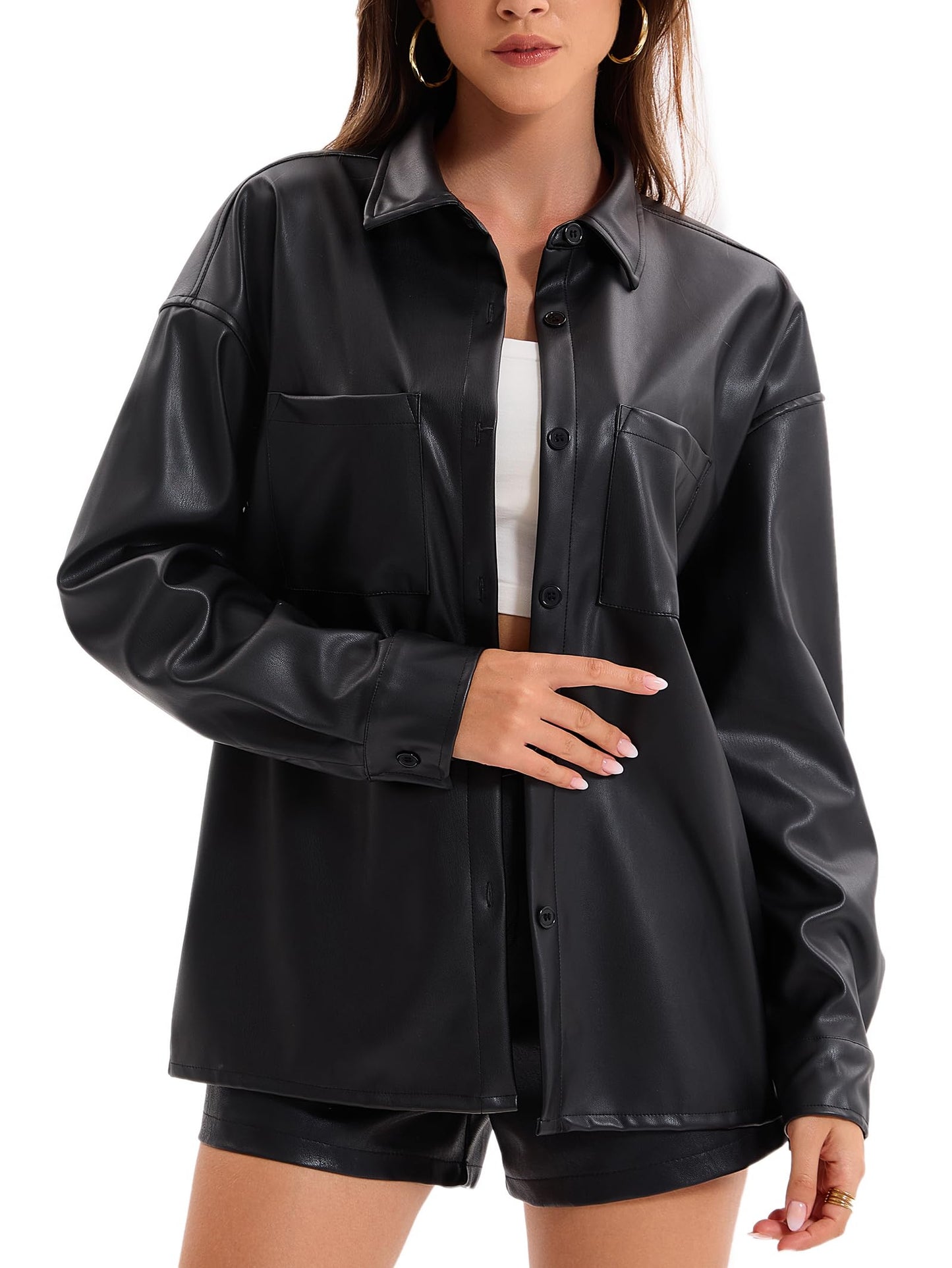 Haianguoji Women's Faux Leather Button-Down Shirt Jacket Lightweight Long Sleeve PU Blouse Shacket Tops (Black, M)