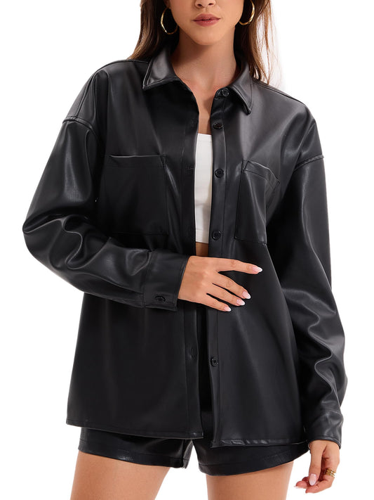 Haianguoji Women's Faux Leather Button-Down Shirt Jacket Lightweight Long Sleeve PU Blouse Shacket Tops (Black, M)
