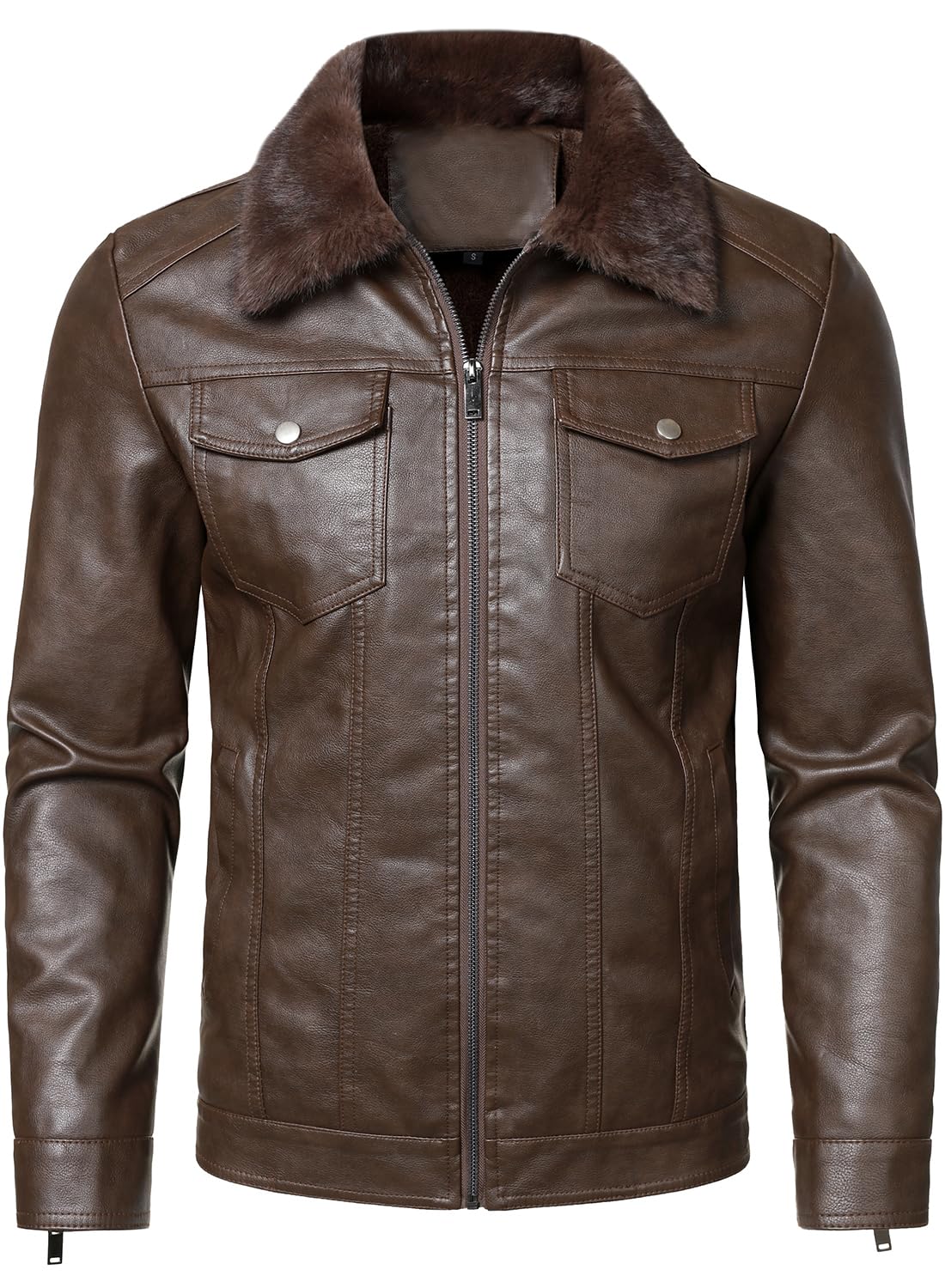 HOOD CREW Mens Leather Jacket Motorcycle Biker Jackets Casual Lightweight Faux Leather Winter Outwear Dark Brown S
