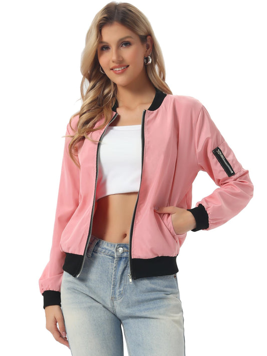 Allegra K Women Casual Lightweight Zip Up Windbreaker Bomber Jacket
