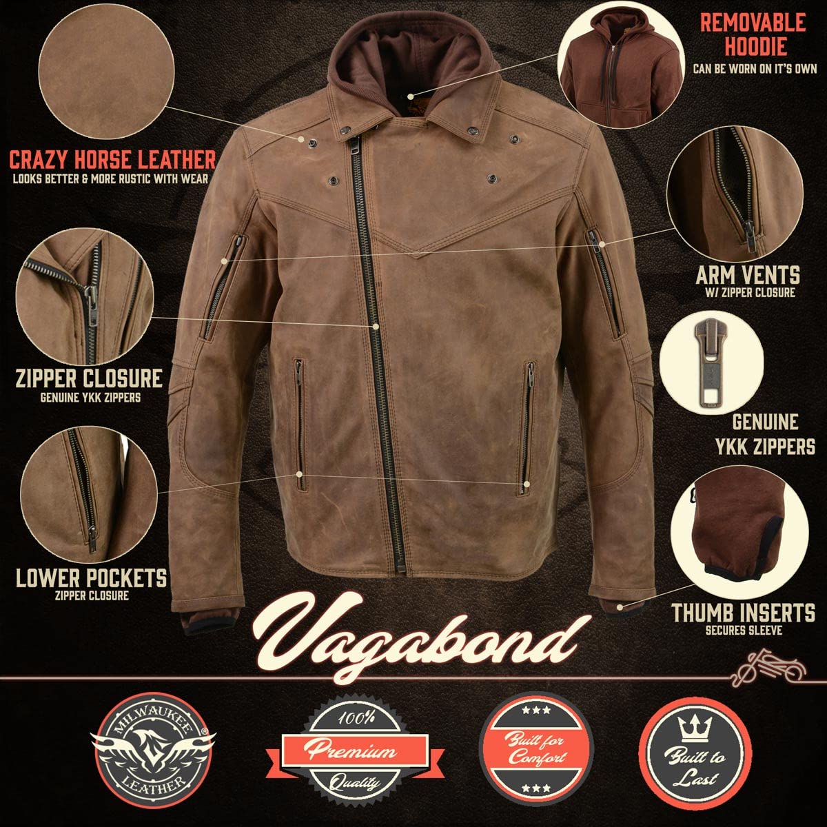 Milwaukee Leather Men's Premium Leather Motorcycle Riders Vented Jacket with Removable Hoody Liner - X-Large
