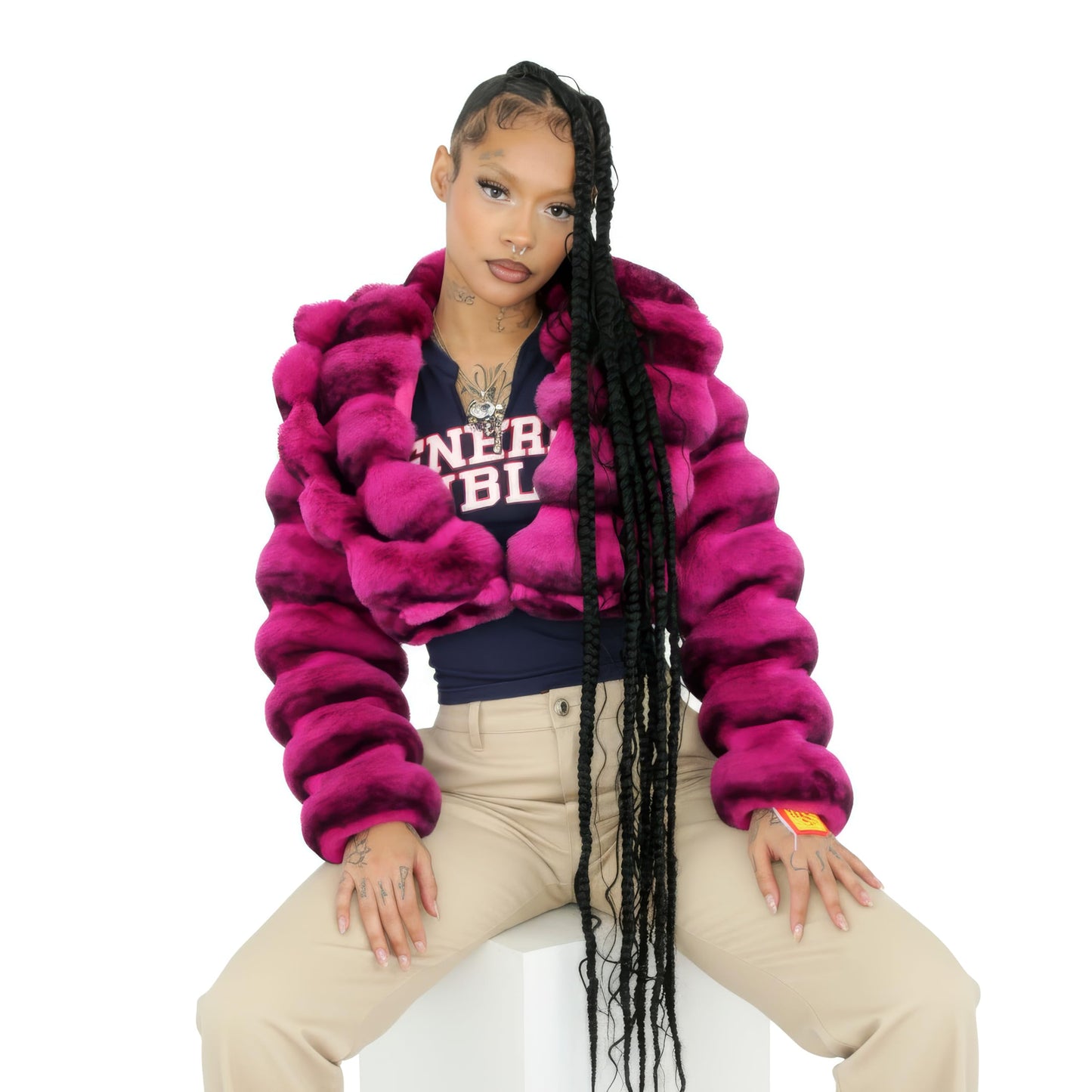 DLNYC - Luxury Chinchilla Faux Fur Jacket for Women, Cropped Puffer Style, Puffer Style, Women's Winter Outerwear (US, Alpha, Medium, Regular, Regular, Pink)