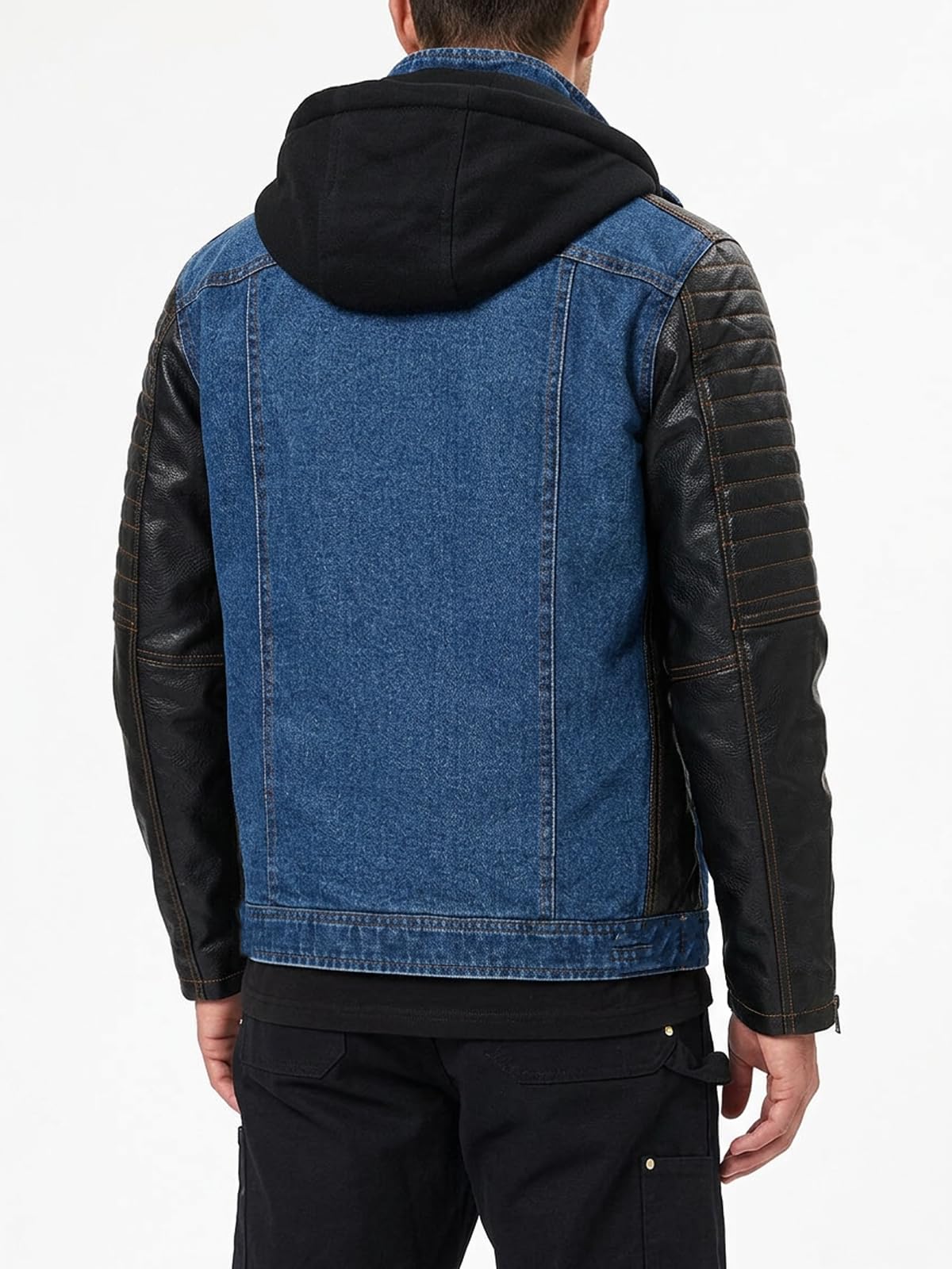 INVACHI Men’s Hooded Denim Trucker Jacket with Faux Leather Patchwork Vintage Casual Jean Wash Biker Coat