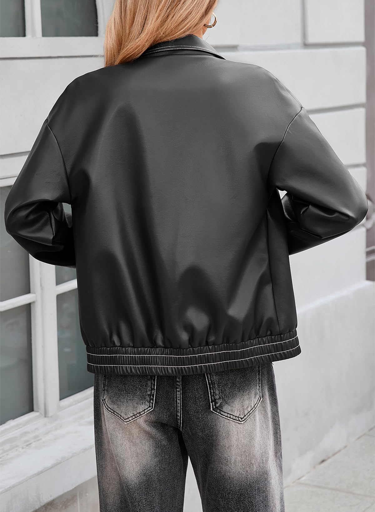 EVALESS Leather Jacket for Women Faux Motorcycle Coats Fashion Oversized Bomber Zip Up Fall Jackets Trendy Winter Clothing 2025 Black Medium