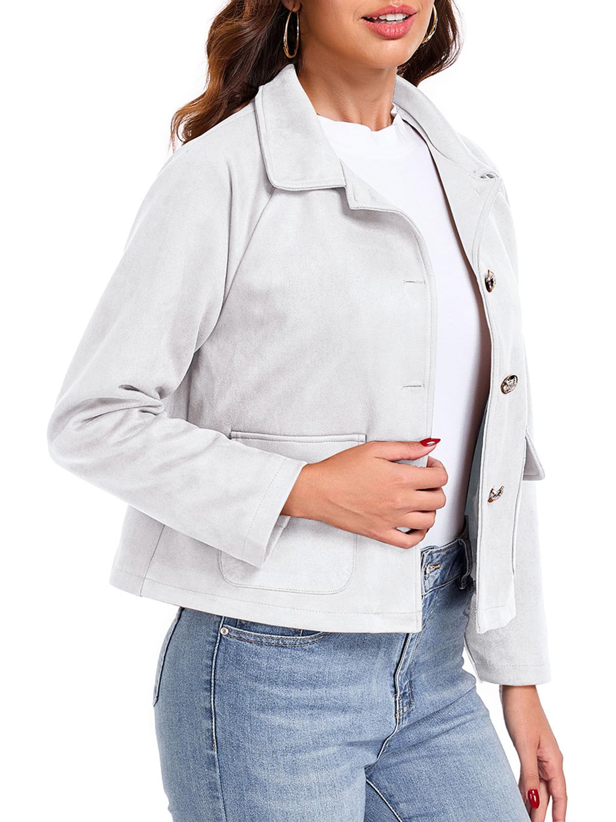KateModa Women's Faux Suede Leather Jackets Cropped Casual Lapel Collar Button Down Lightweight Spring Vintage Shackets