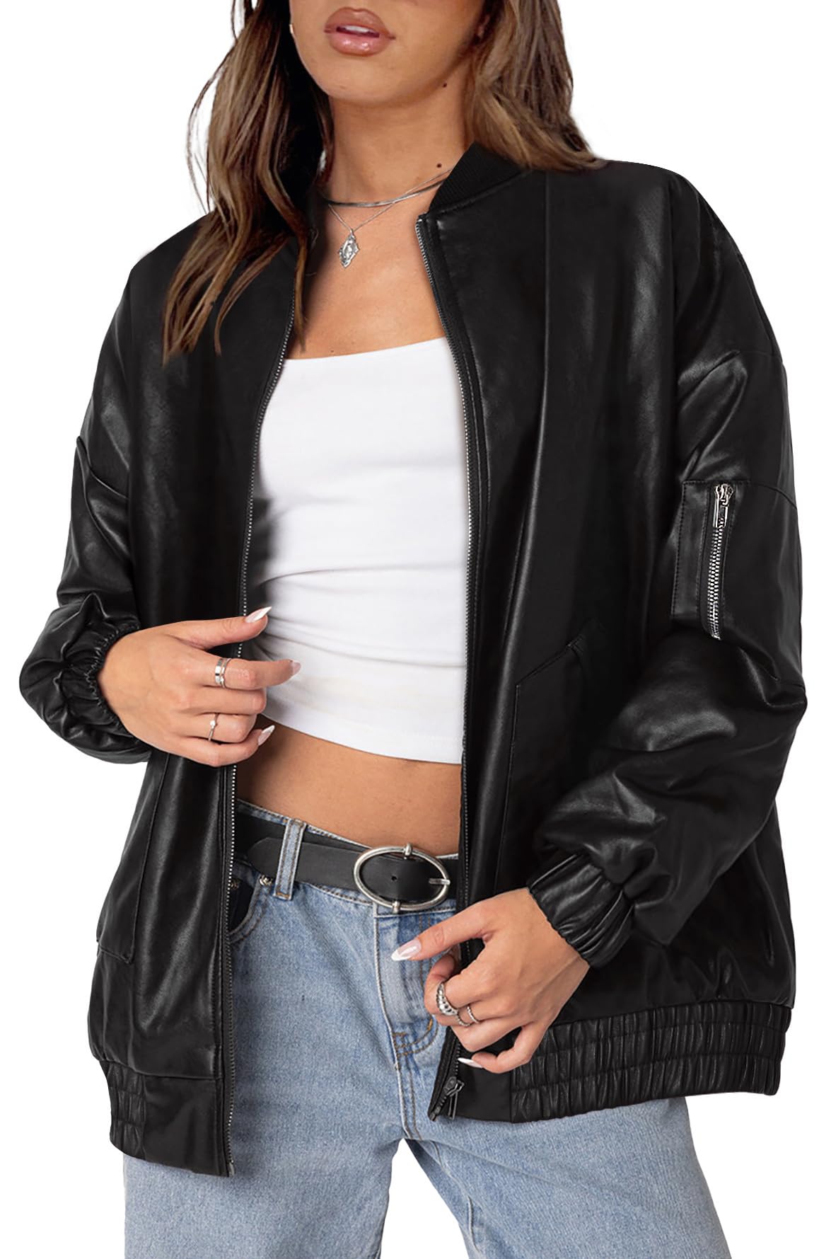 XIEERDUO Leather Jacket Women Faux Oversized Motorcycle Bomber Coats 2025 Fall Fashion Clothing Winter Outfits Black M