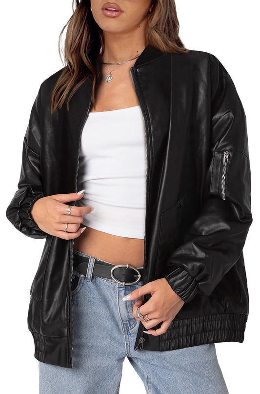 XIEERDUO Leather Jacket Women Faux Oversized Motorcycle Bomber Coats 2025 Fall Fashion Clothing Winter Outfits Black M