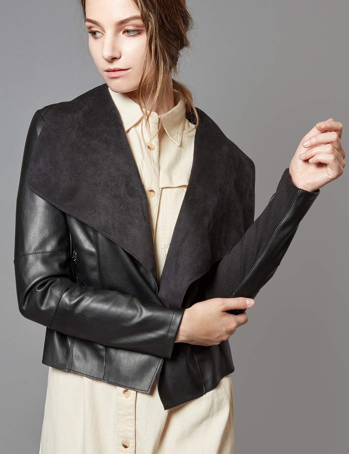 Escalier Women's Faux Leather Jackets Slim Open Front Lapel Blazer Jackets Black Small