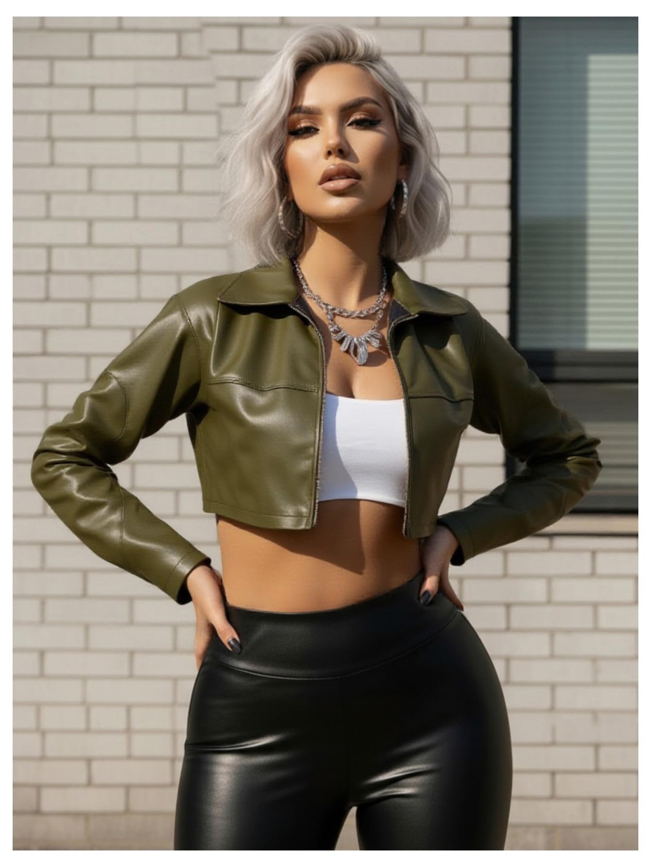 winkbay Women's Pu Leather Cropped Motorcycle Jacket Y2k Zip Up Collared Jackets Streetwear Army Green X-Small