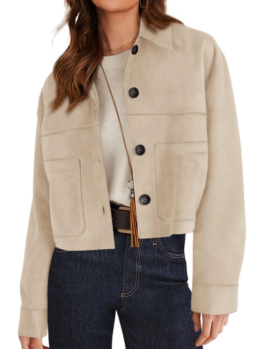 PRETTYGARDEN Women's Faux Suede Cropped Jacket Casual Lightweight Fall Fashion 2026 Winter Coats Outerwear Trendy Clothes (Beige,Small)