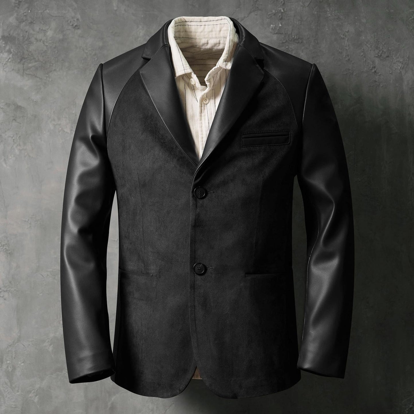 Men's Suede Blazer Patchwork Two-Tone Sports Coat PU Leather Sleeves Collar Sport Jacket Black Champagne M