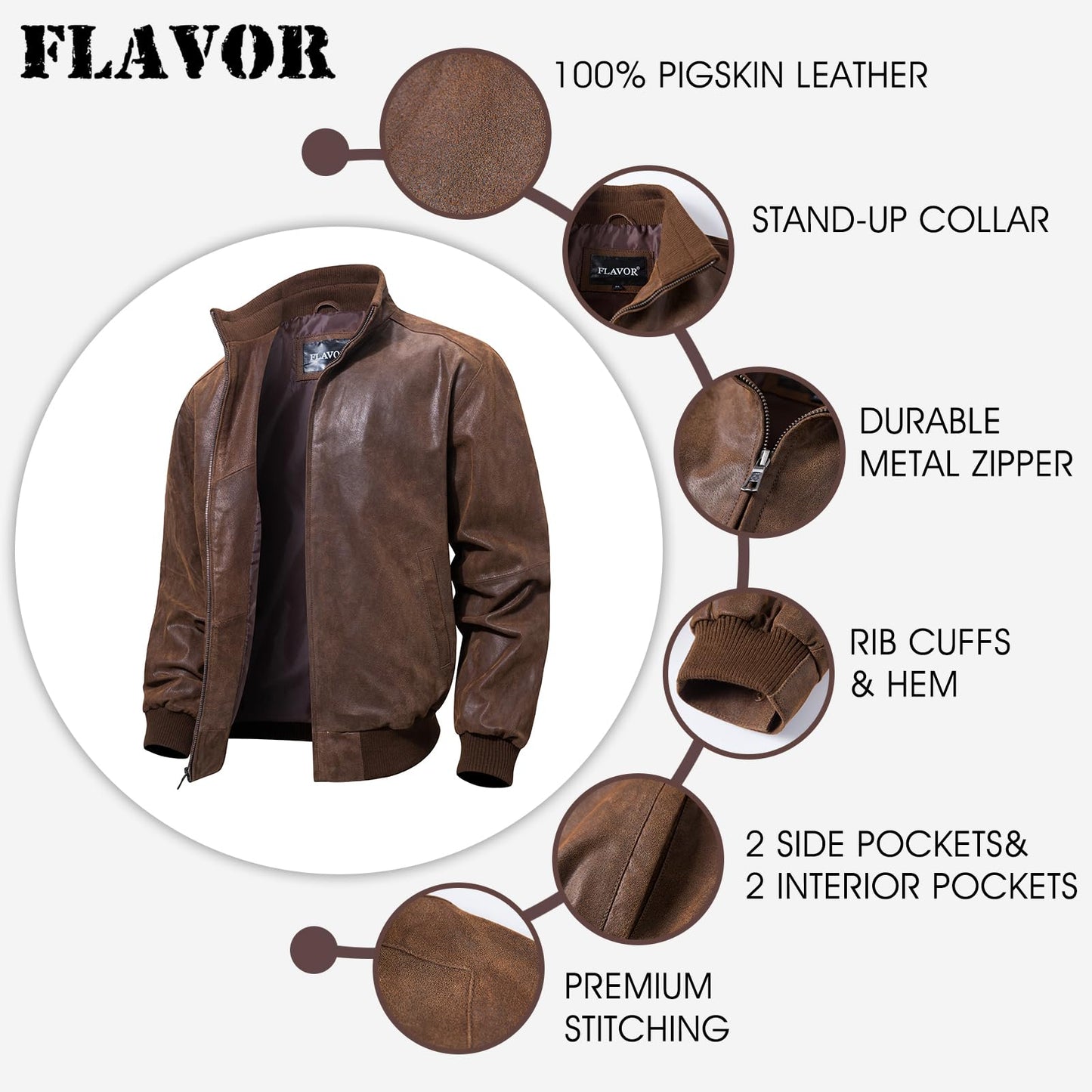 FLAVOR Men's Moto Real Leather Classic Jacket with Stand Collar (Brown, x_l)