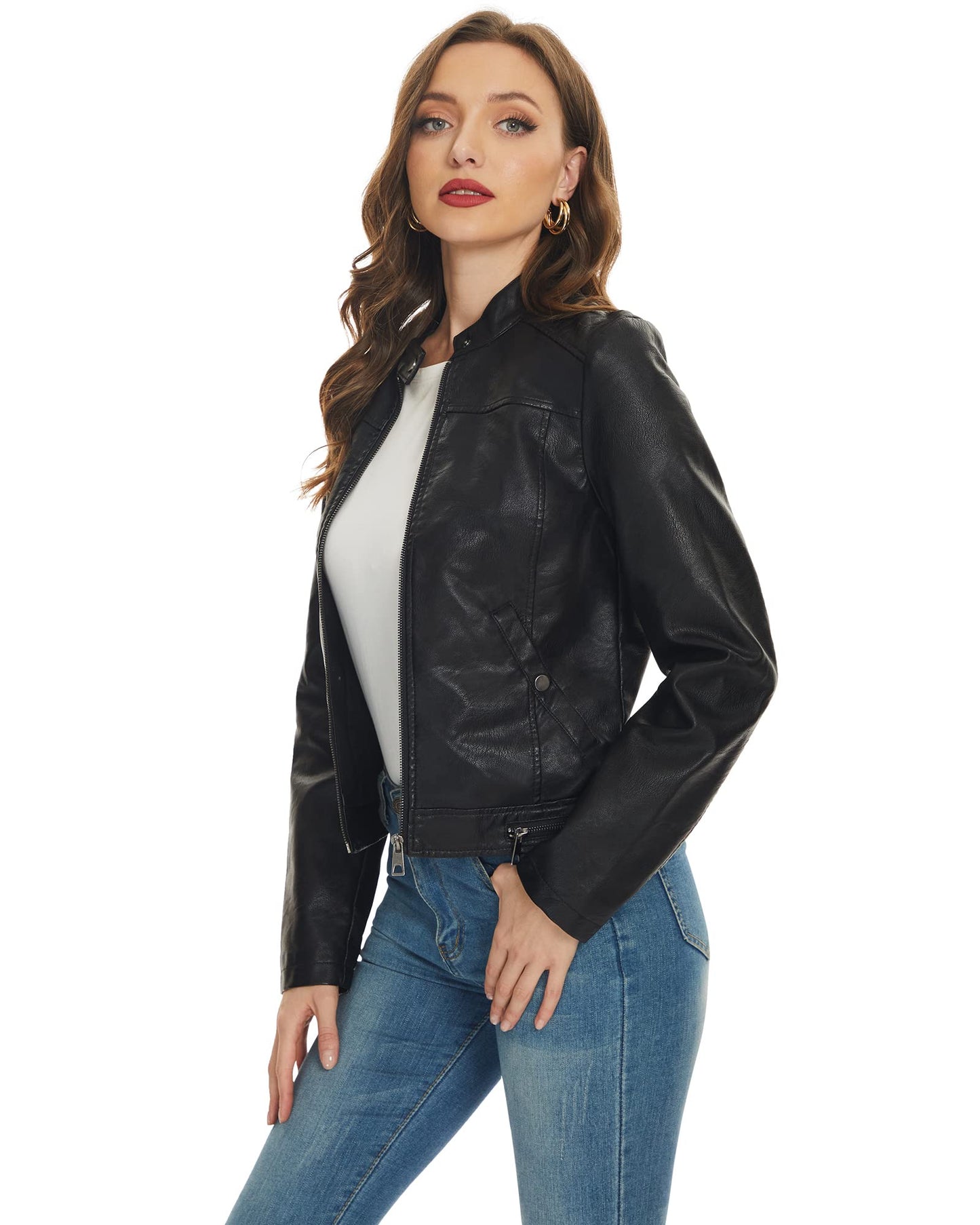 Fahsyee Black Faux Leather Jackets for Women Zip Up Motorcycle Short PU Moto Biker Outwear Fitted Slim Coat Size M