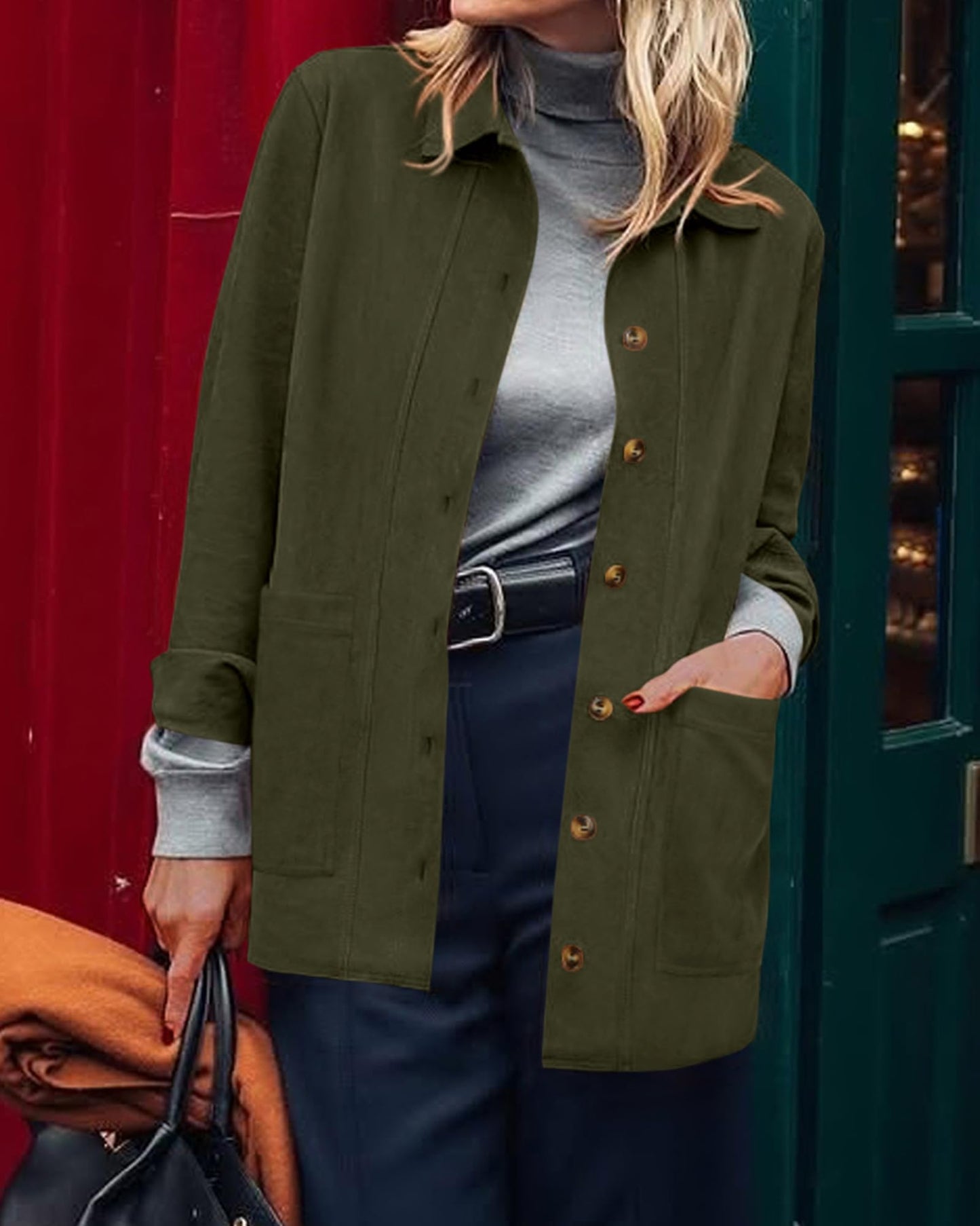 BTFBM Faux Suede Jacket Women Fall Fashion 2026 Leather Jackets Long Sleeve Button Down Winter Coats Shackets Outerwear(Army Green, Large)