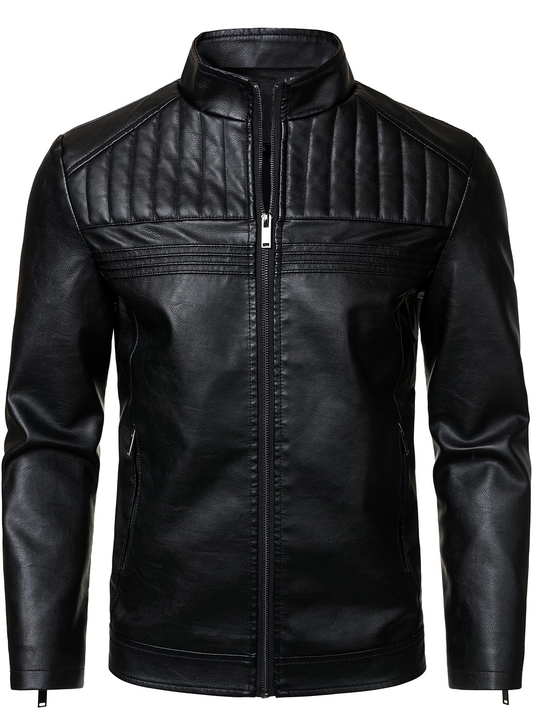 HOOD CREW Men’s Leather Jackets Faux PU Leather Motorcycle Jacket Stand Collar Biker Coat Outwear with Zipper Pockets Black XXL