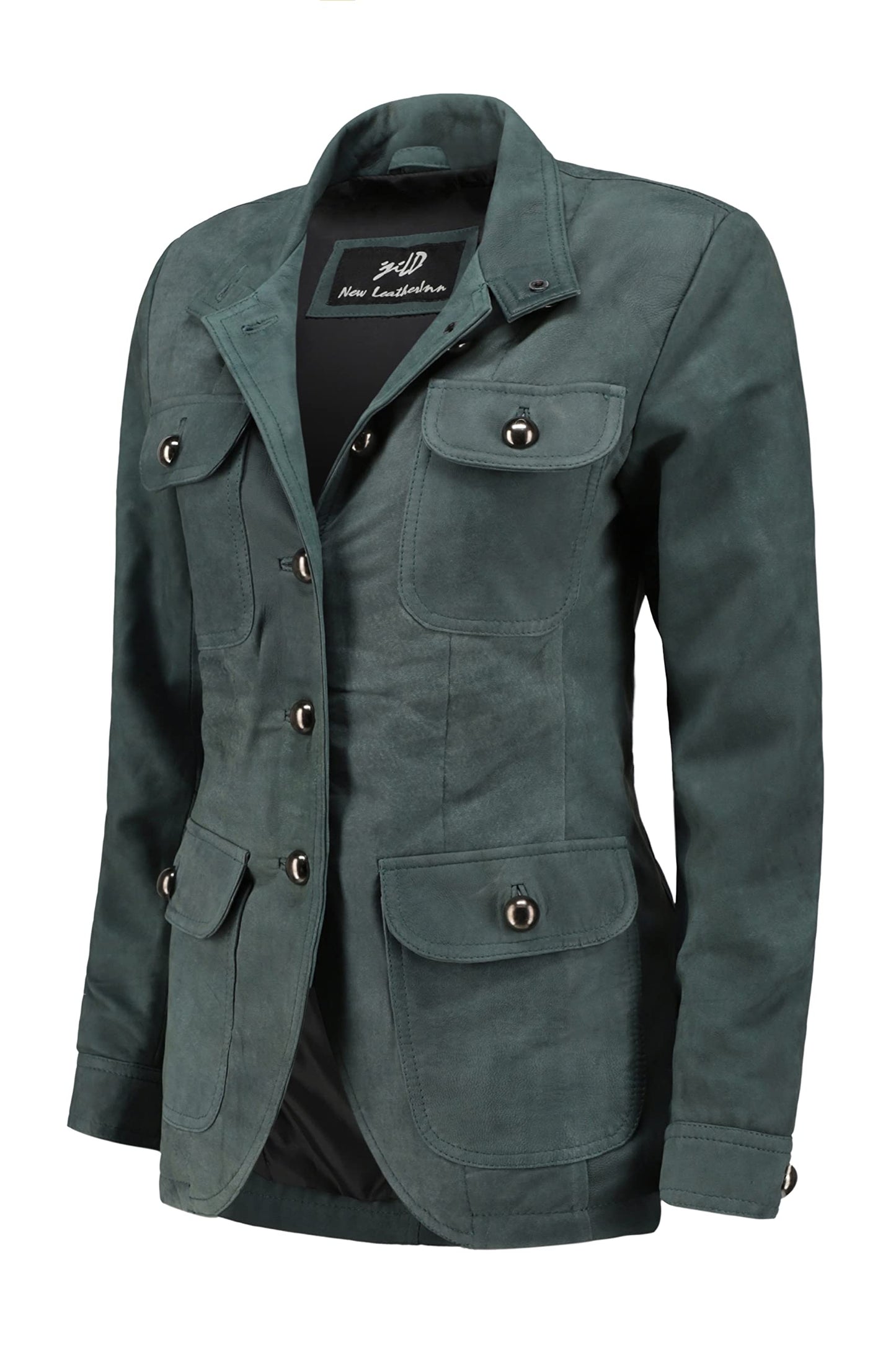 Jild Fancy 5-Button Four Pocket Double Back Slit Leather Blazer Women - Vintage Suede Look Cuff Sleeves Leather Jacket Women (ZC-Blue-3XL)