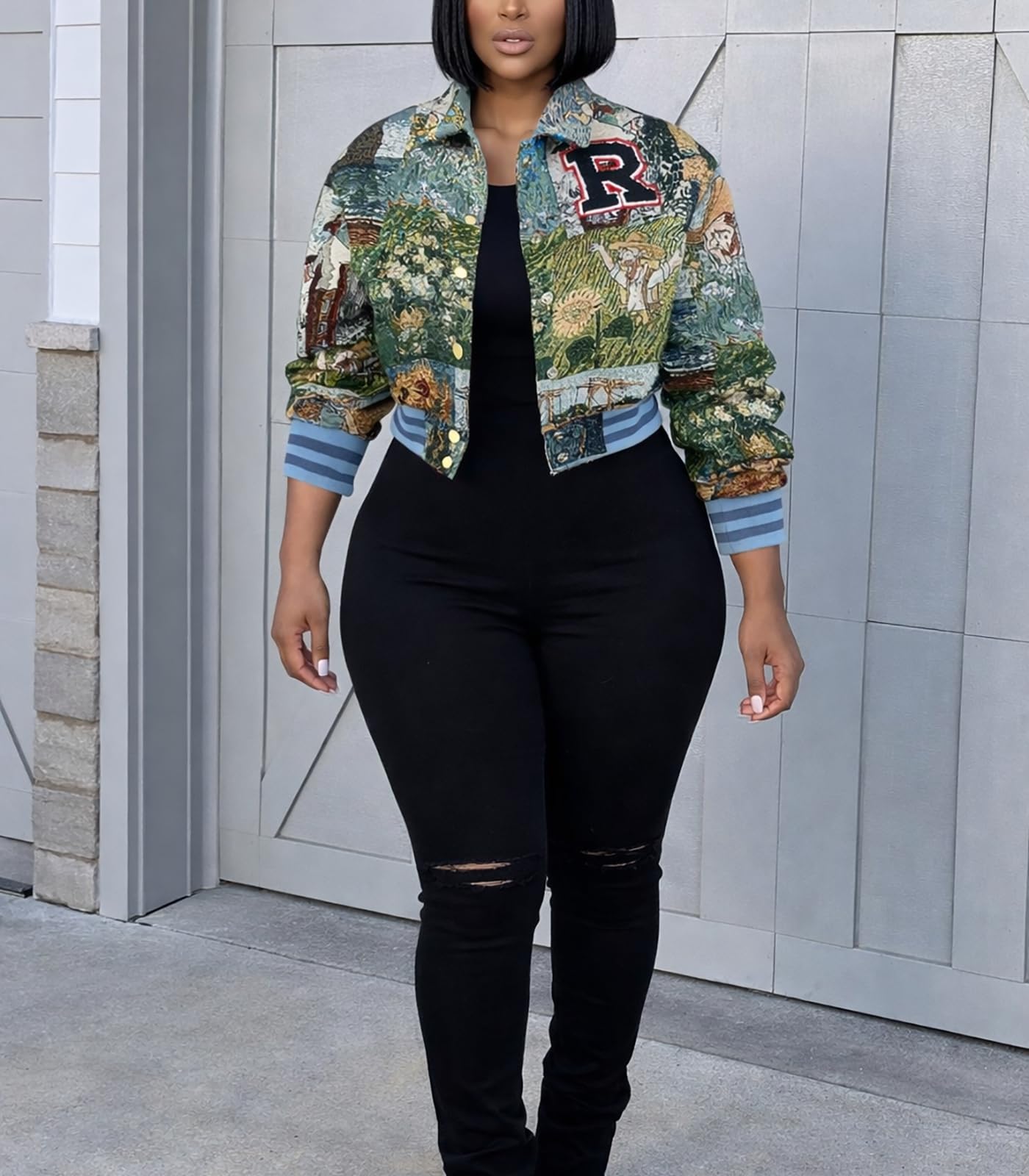 KANSOON Varsity Jacket Women Bomber Textured Floral Cropped Jackets Letterman Snap Buttons Long Sleeves Coats Green XXL