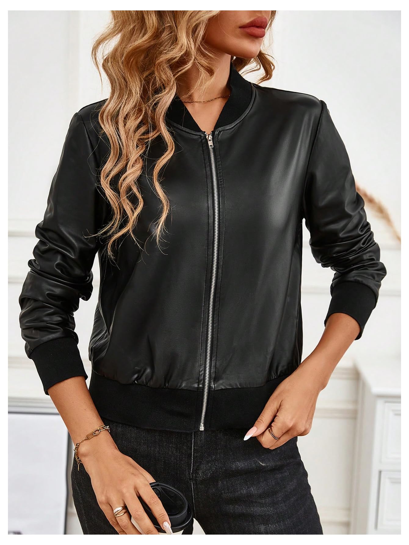 SHENHE Women's PU Leather Bomber Jacket Zip Up Lightweight Fall Casual Jacket Outerwear Black Medium