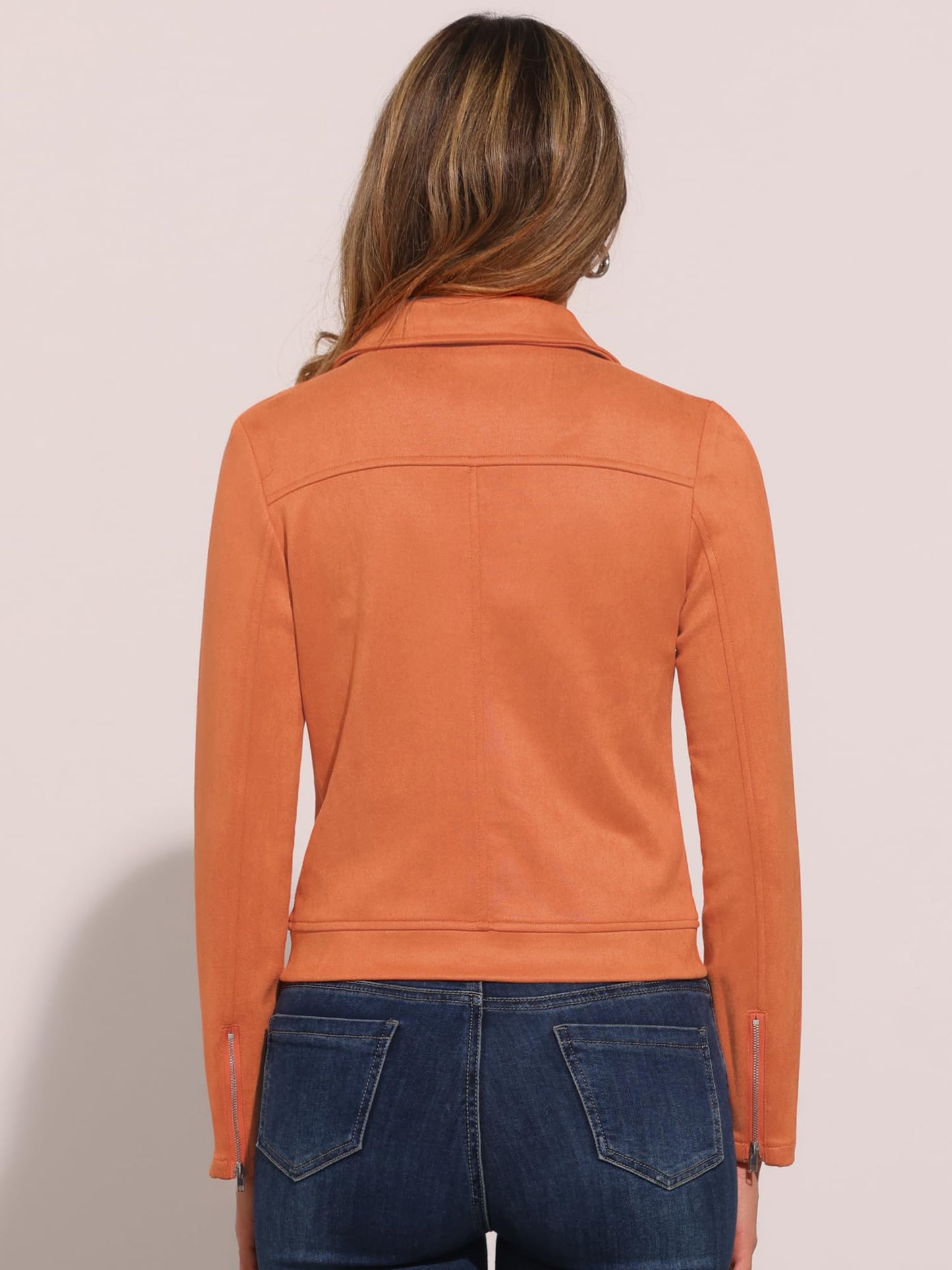 Allegra K Women Short Soft Zip Up Faux Suede Biker Moto Jacket Small Orange