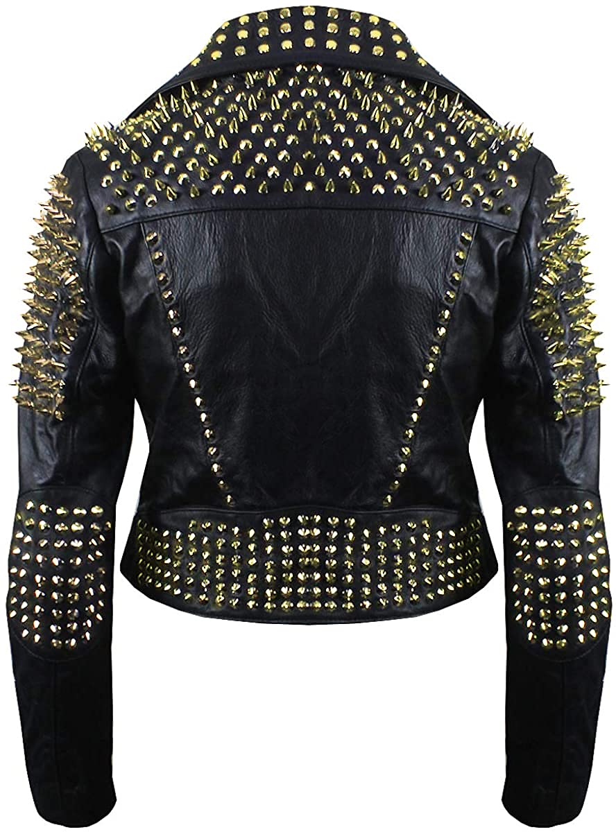 SpazeUp Women’s Black Studded Leather Jacket Gold Spike Punk Biker Jacket