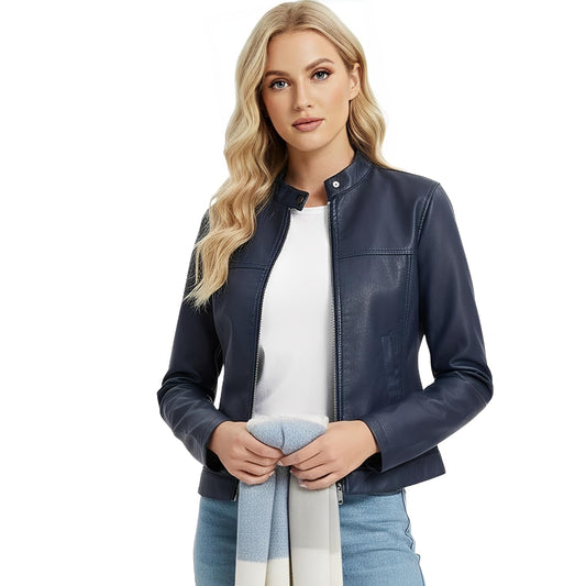 CHIGUO Women's Faux Leather Motorcycle Jacket Casual Zip-Up Biker Trendy Coat with Pockets
