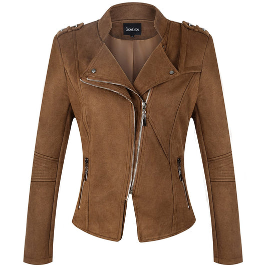 chouyatou Women's Candy Color Asymmetric Zip Slim Faux Leather Cropped Moto Jacket (Medium, Suede Brown)