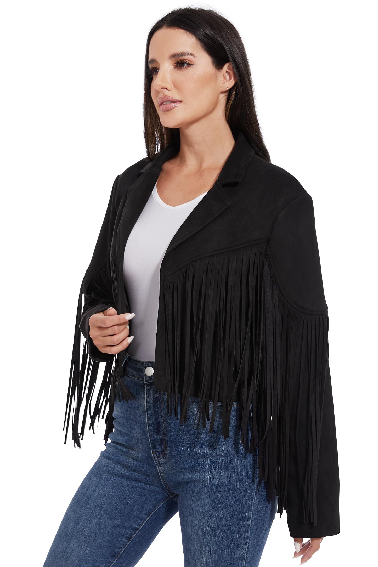 Fahsyee Fringe Leather Jacket Women, Western Cowgirl Outfits for Women Country Concert Wear Suede Cropped Coat Black L