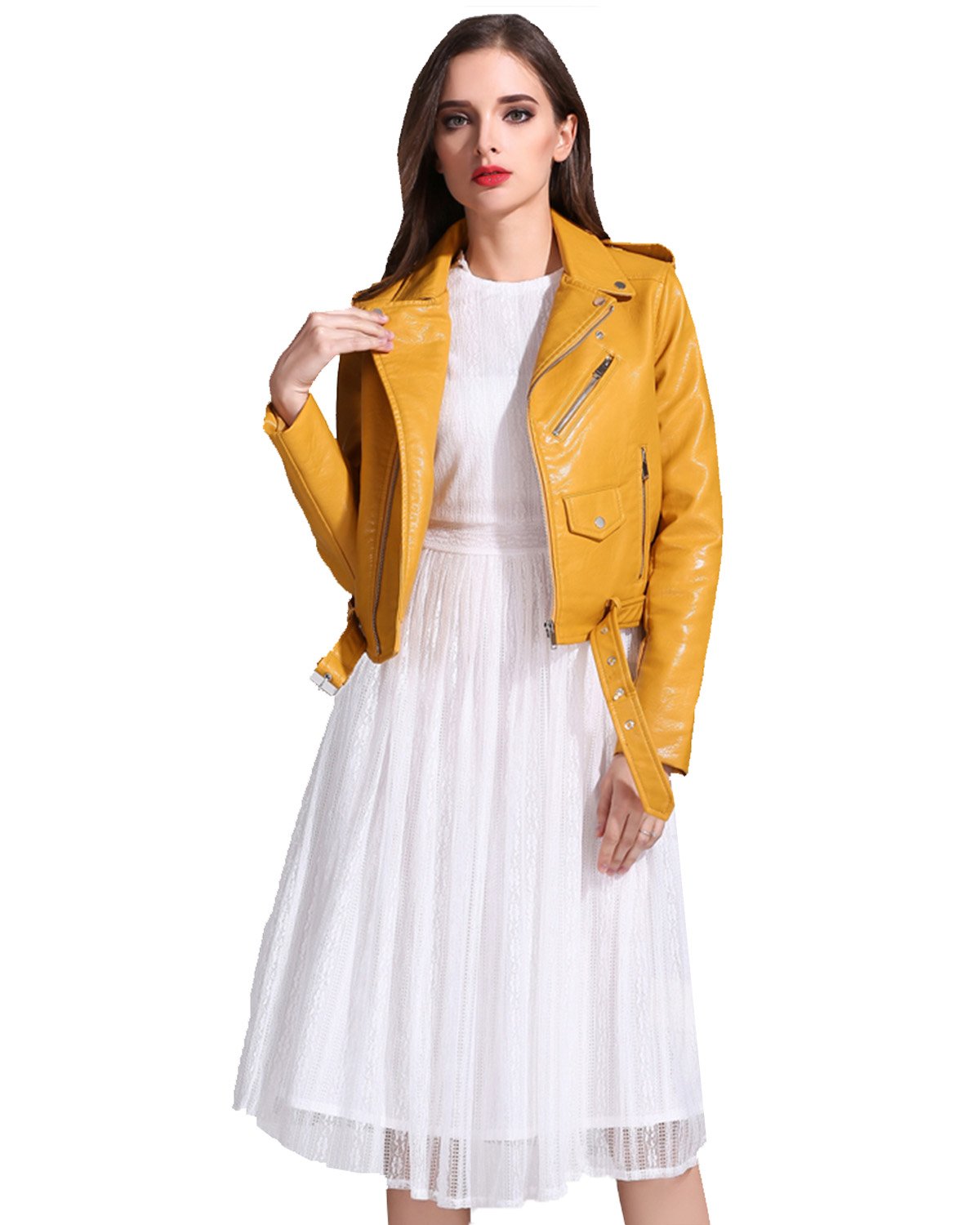 LY VAREY LIN Women's Faux Leather Motorcycle Jacket PU Slim Short Biker Coat (M, Yellow)