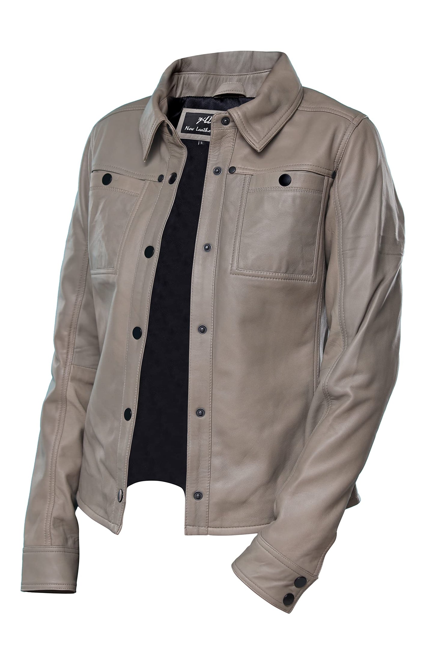 Jild Womens Button Front Lambskin Leather Jacket Shacket - Casual Shirt Long Sleeve Leather Jacket Women with Bust Pocket (Grey-L)