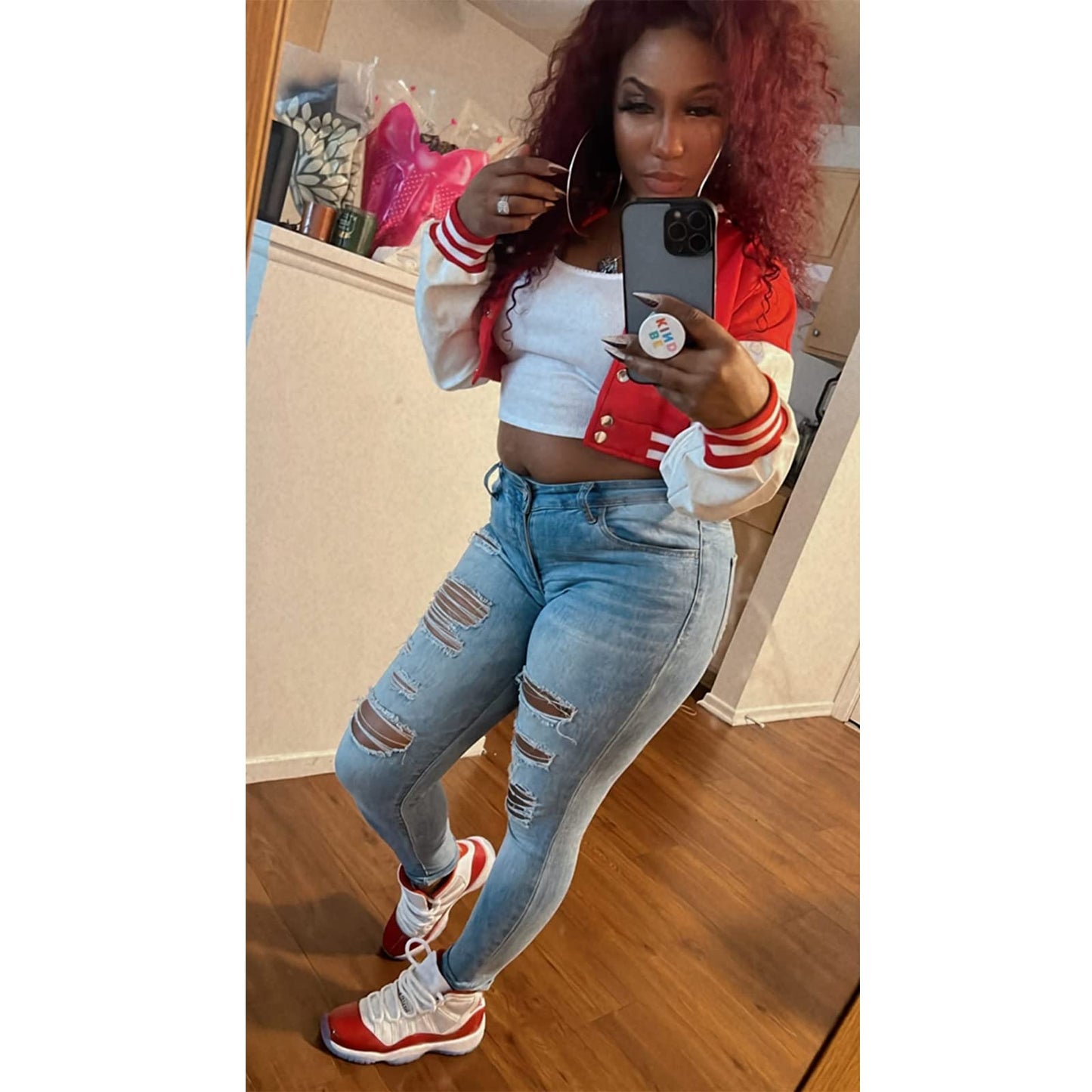 Xaspee Women's Casual Baseball Jacket Faux Leather Colorblock Button Crop Bomber Jacket