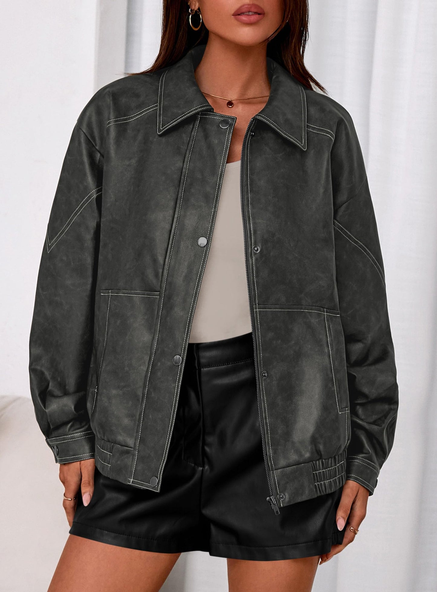 PRETTYGARDEN Faux Leather Jacket Women Bomber Motorcycle Zip Up Jackets Oversized Fall Fashion Outfits 2026 Winter Coats (Grey,Small)