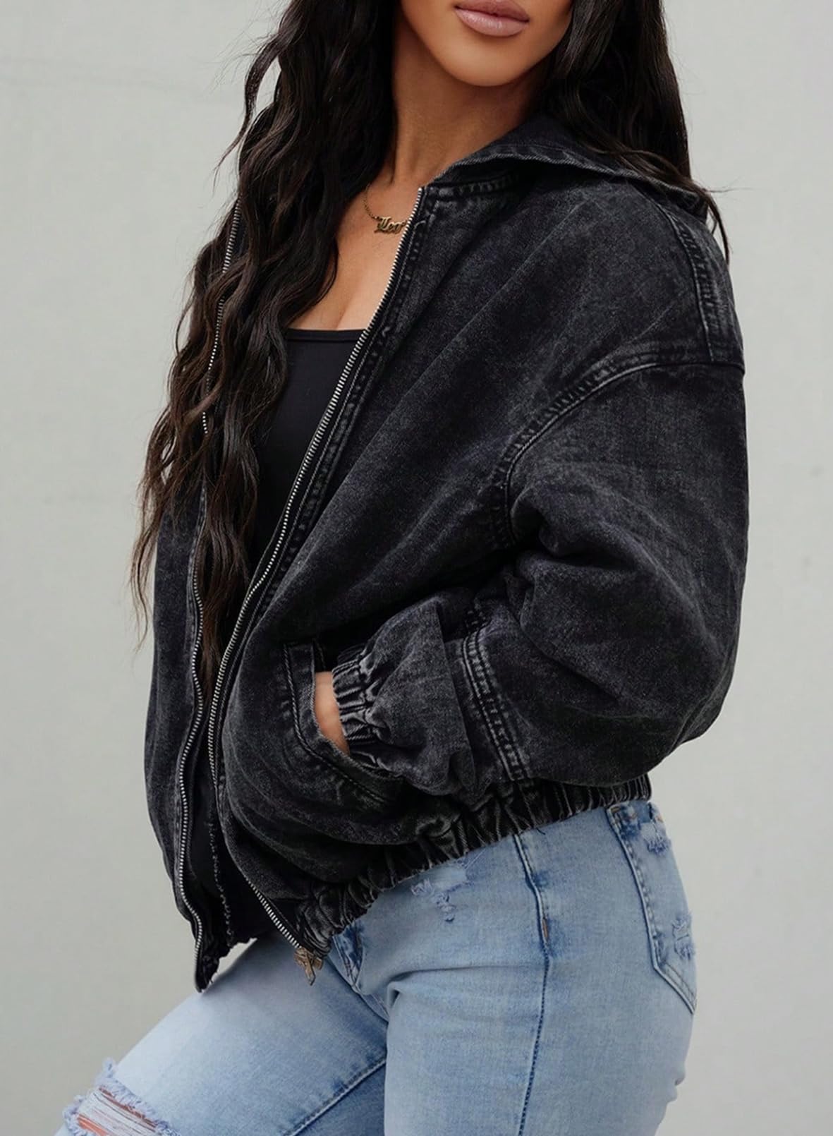 SHEWIN Jean Jacket Women Long Sleeve Womens Fall Jackets Cozy Denim Jacket Zipper Hooded Bomber Black Jacket Women Fall Clothes 2026 Color Black X-Large