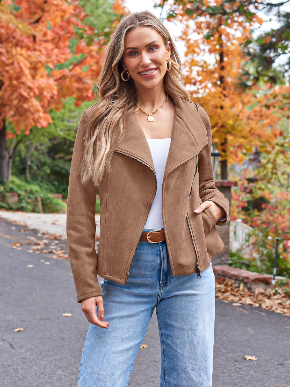 AUTOMET Women's Faux Suede Leather Jacket Cropped Open Front Cardigan Buttery Soft Lightweight Fall Coat Camel S