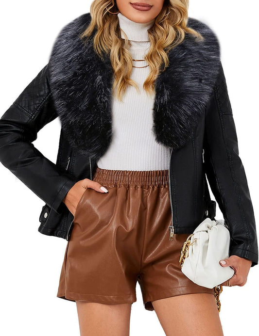 Bellivera Women's Faux Leather Short Jacket Moto Sherpa-Lined Coat with Removable Fur Collar 9201 Black XL
