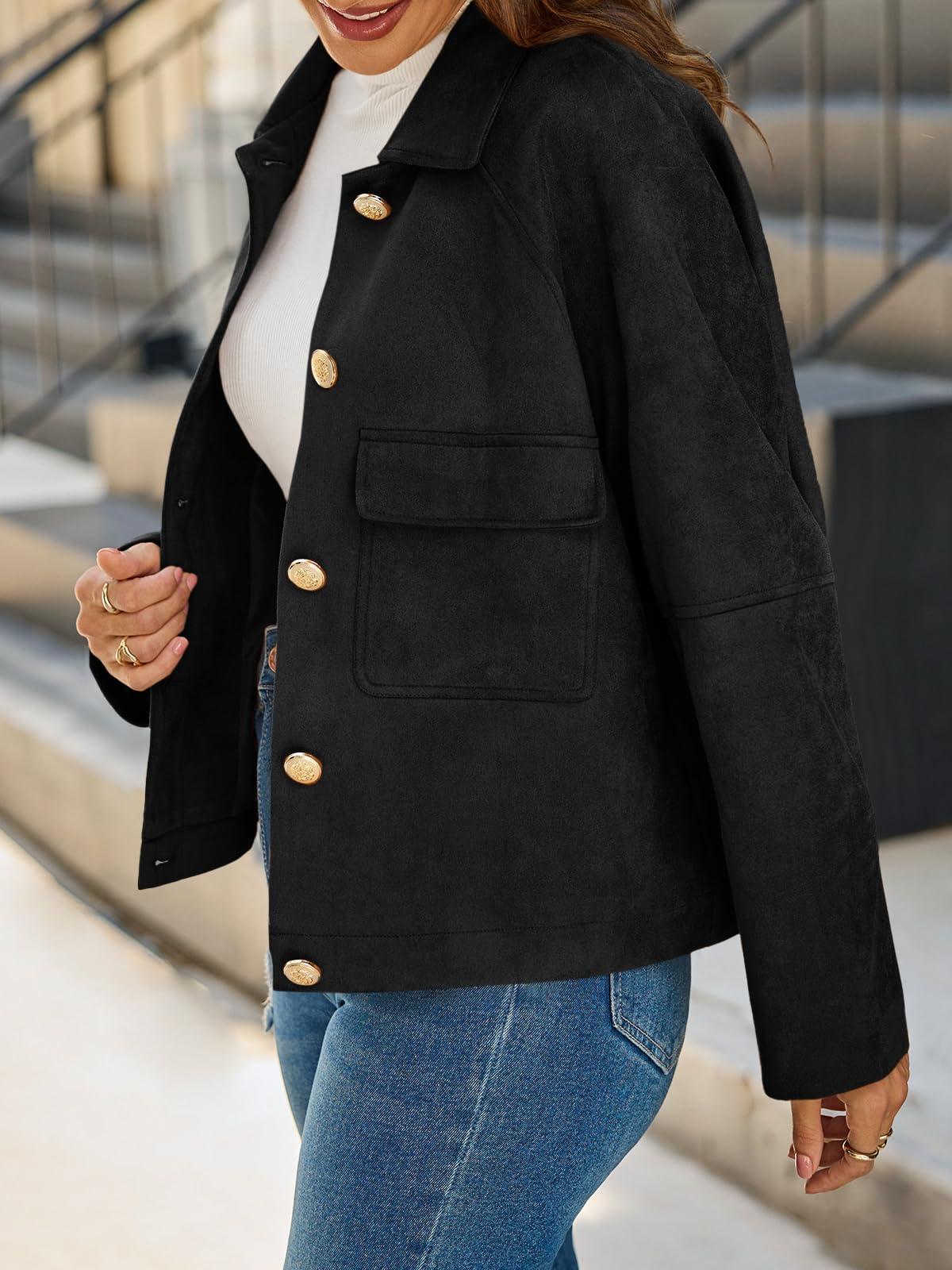 Cicy Bell Womens Faux Suede Leather Jackets Oversized Cropped Casual Lapel Collar Button Down Fall Vintage Shackets