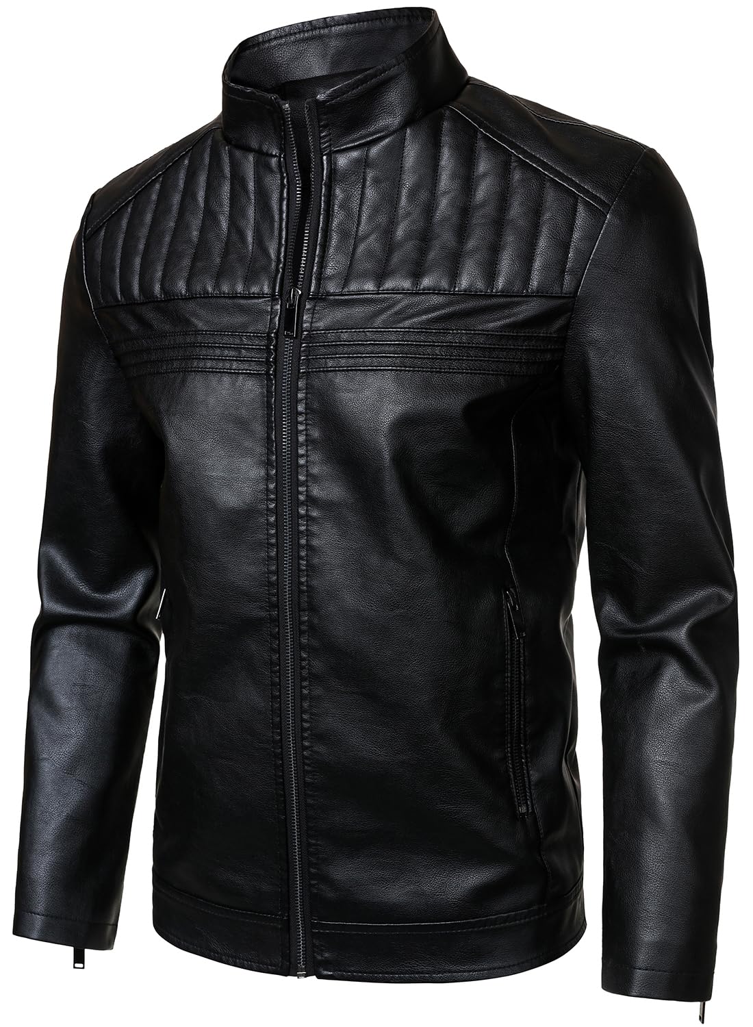 HOOD CREW Men’s Leather Jackets Faux PU Leather Motorcycle Jacket Stand Collar Biker Coat Outwear with Zipper Pockets Black XXL