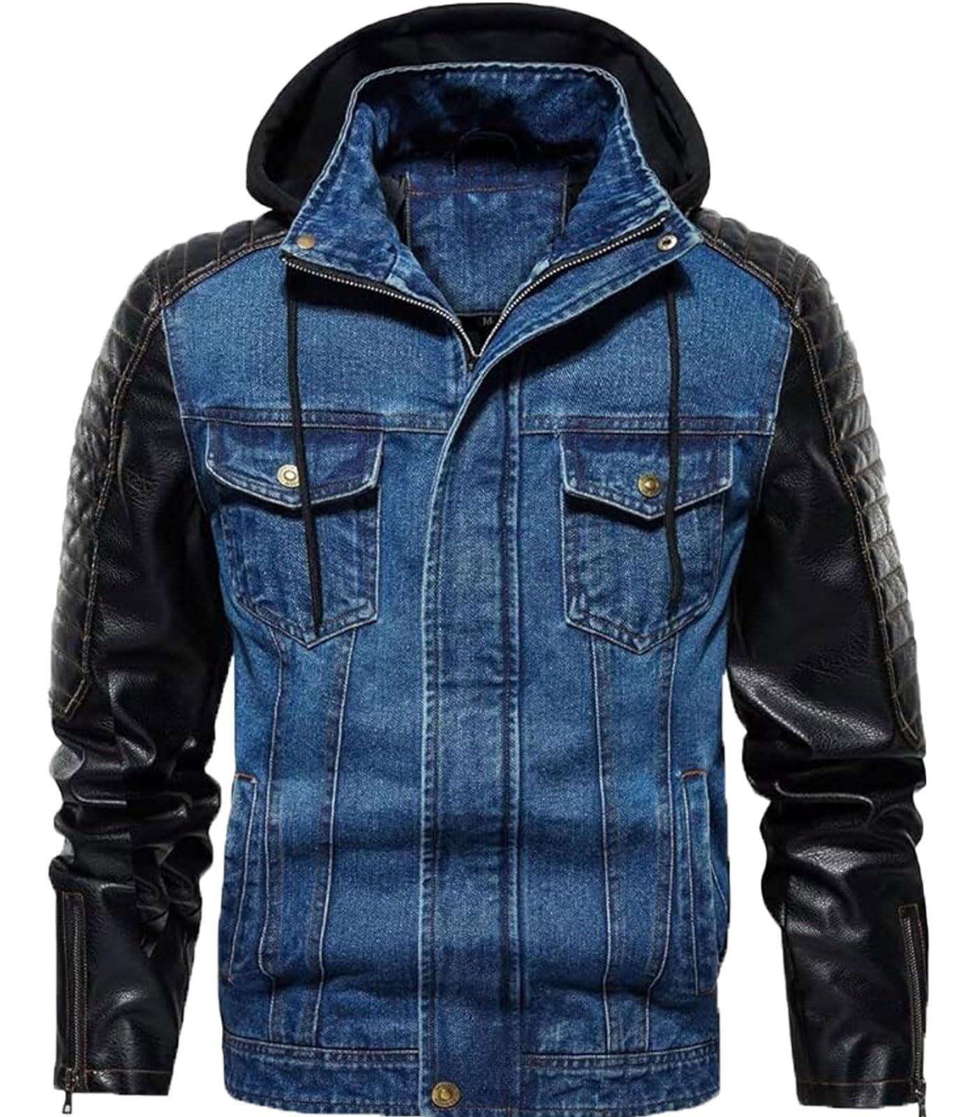 FTIMILD Mens Denim Jacket with Pu Leather Patchwork Biker Jacket with Detachable Hood Jean Jacket with Multiple Pockets