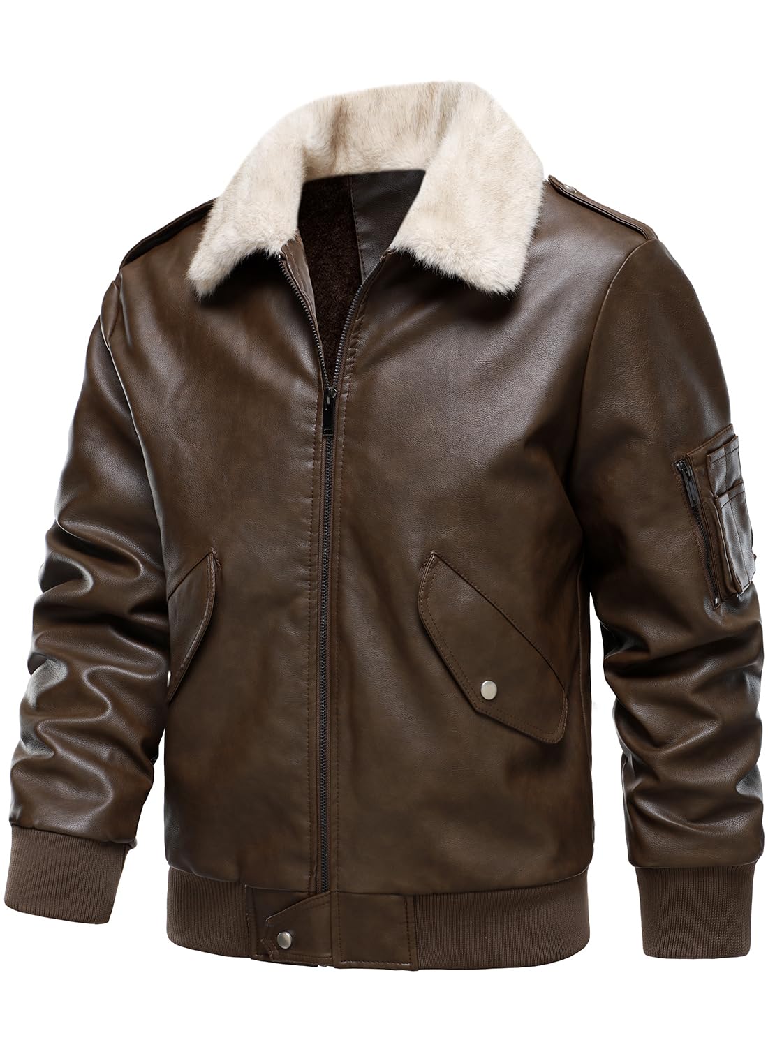 HOOD CREW Men’s Faux Leather Aviator Bomber Jacket with Fur Collar Warm Fleece Lined Biker Jackets Vintage Winter Coats Dark Brown L
