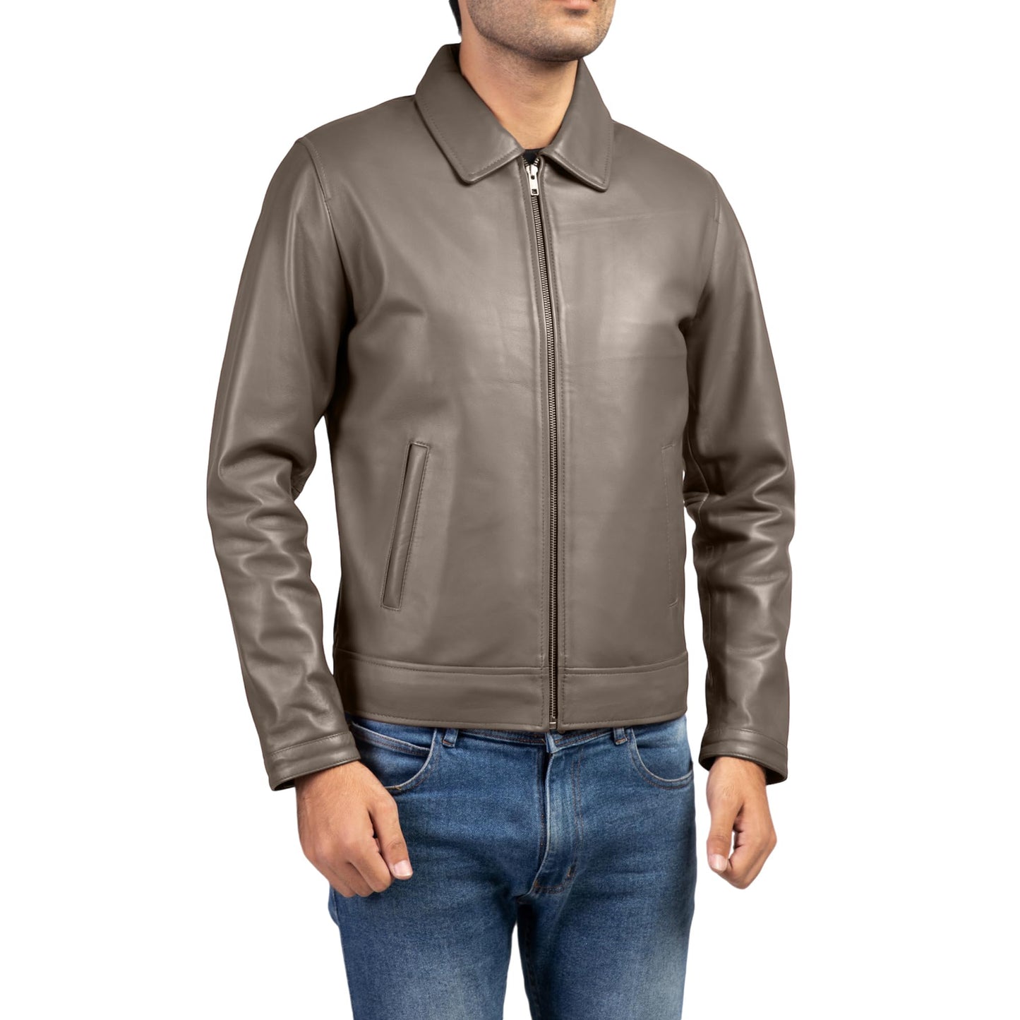 Jild Polo Collar Premium Leather Jacket Men - Old School Classic Style Everyday Wear Real Lambskin Mens Leather Jacket (Polo-Grey-M)
