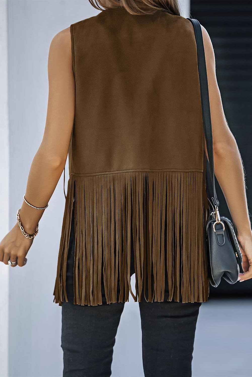Dokotoo Womens Spring Summer Clothes 70s Hippie Cowgirl Outfits Western Fringe Vest Faux Leather Tassel Jacket Cardigan Party Ladies Outwear Vests Tops Vacation Holiday 2026 Trendy Brown Large