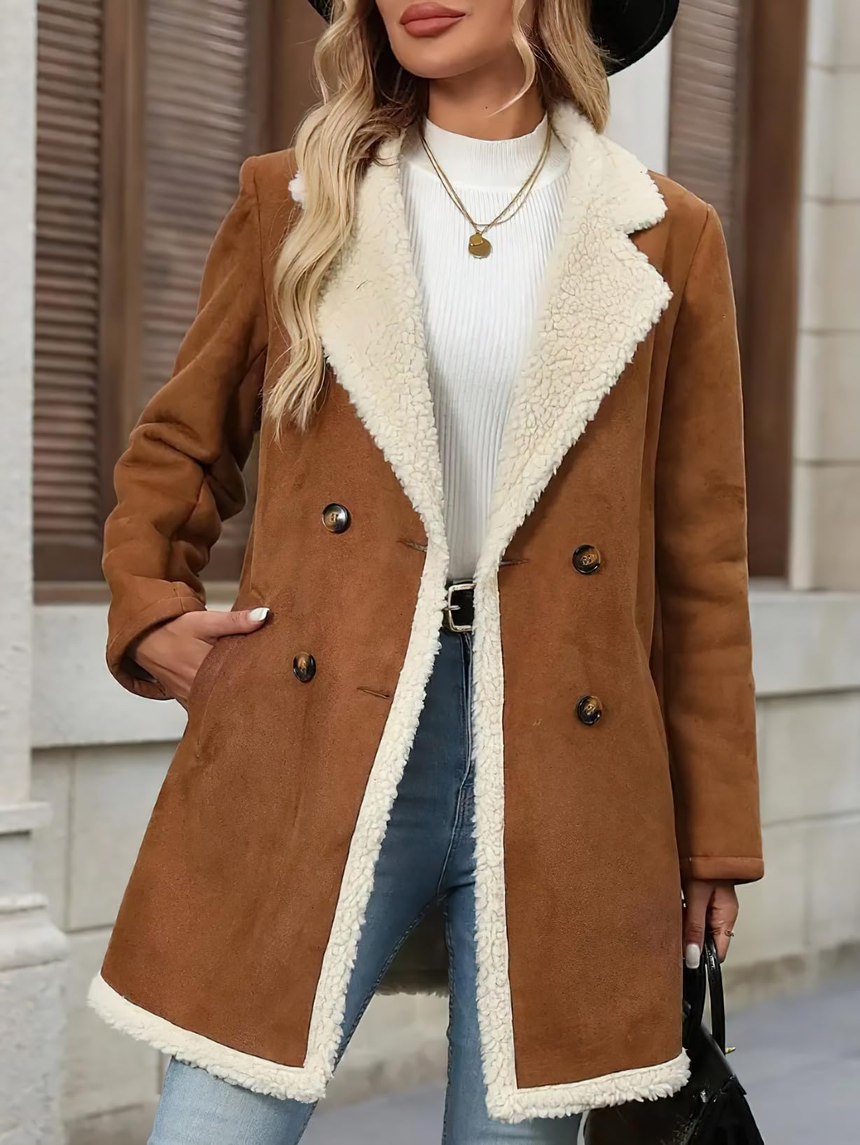 chouyatou Women's Winter Notch Lapel Double Breasted Peacoat Sherpa Fleece Lined Faux Suede Jacket Coat (X-Large,Brown)