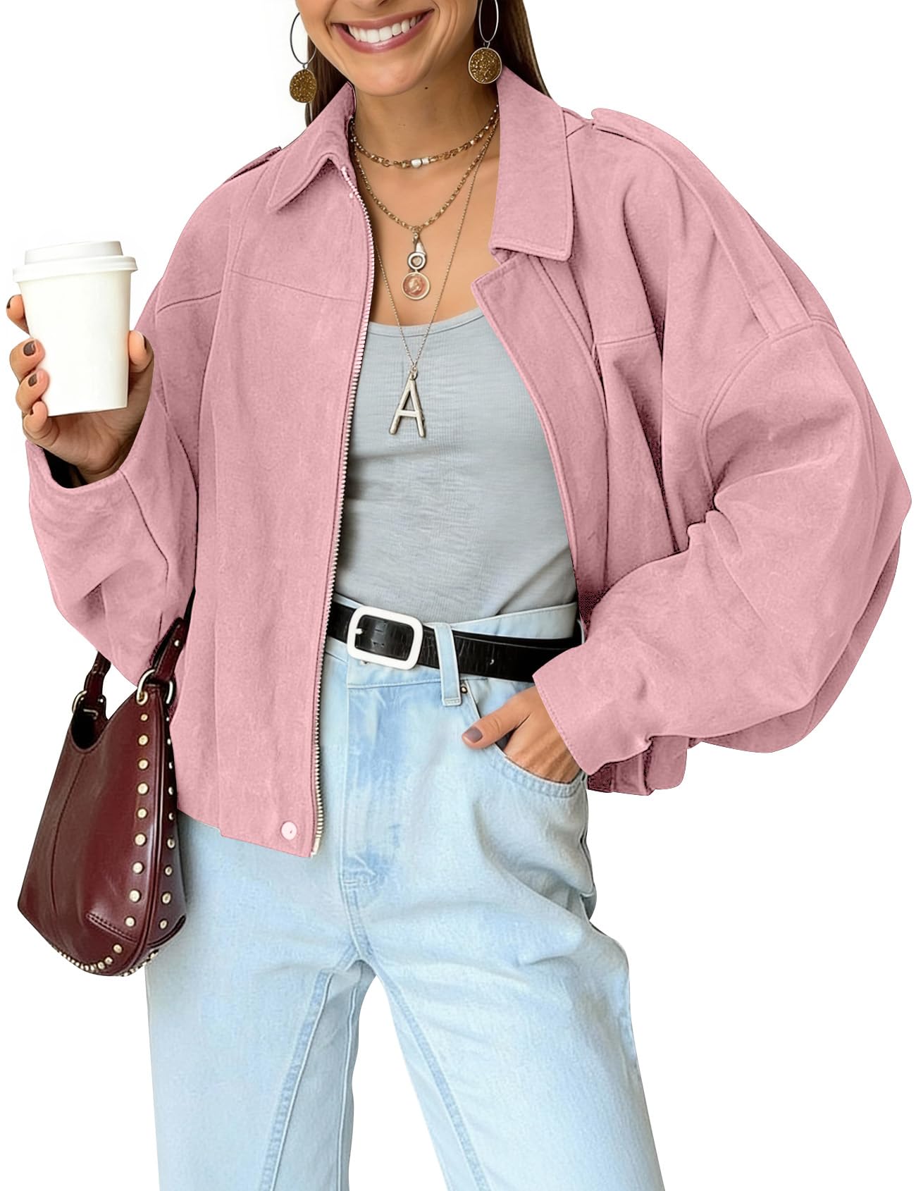 Kissonic Womens Faux Suede Bomber Jacket Oversized Batwing Long Sleeve Zip Up Cropped Coat Streetwear(Pink-L)