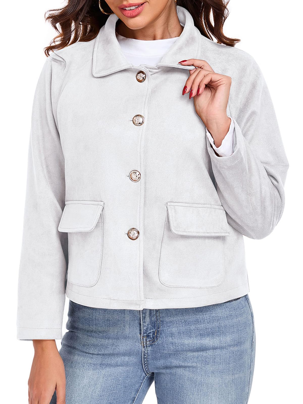 KateModa Women's Faux Suede Leather Jackets Cropped Casual Lapel Collar Button Down Lightweight Spring Vintage Shackets