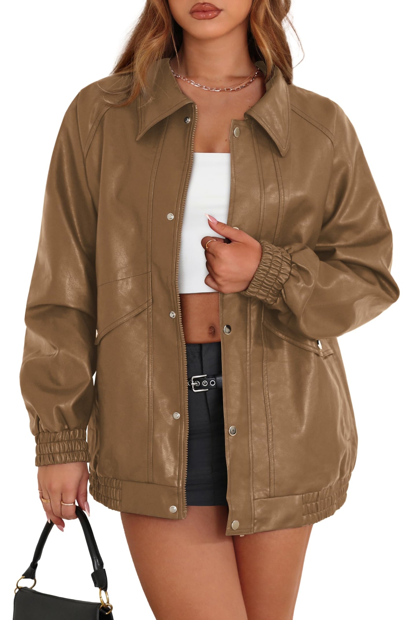 XIEERDUO Winter Jackets for Women Fuax Leather Fall Tops 2025 Button Zip Up Motorcycle Oversized Coats Womens Fashion Khaki L