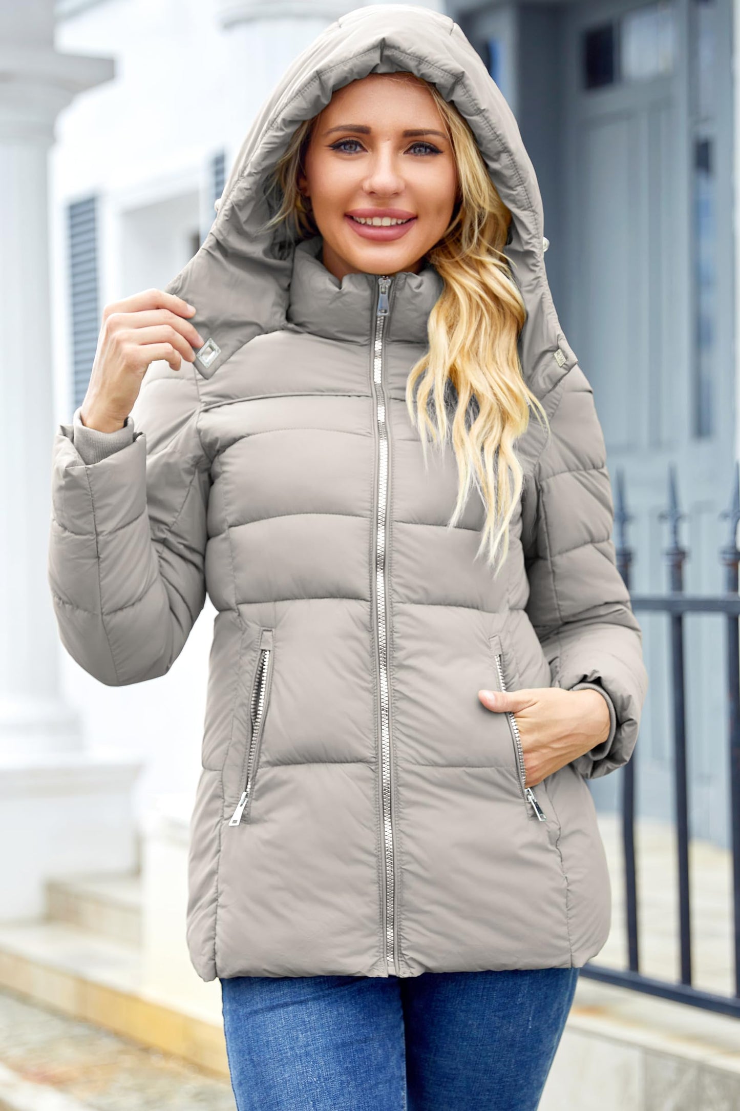 MODERN BUBBLE Womens Packable Puffer Jacket Winter Coat with Hood Warm Lightweight Thickened Down Jacket (US, Alpha, X-Large, Regular, Regular, Grey)