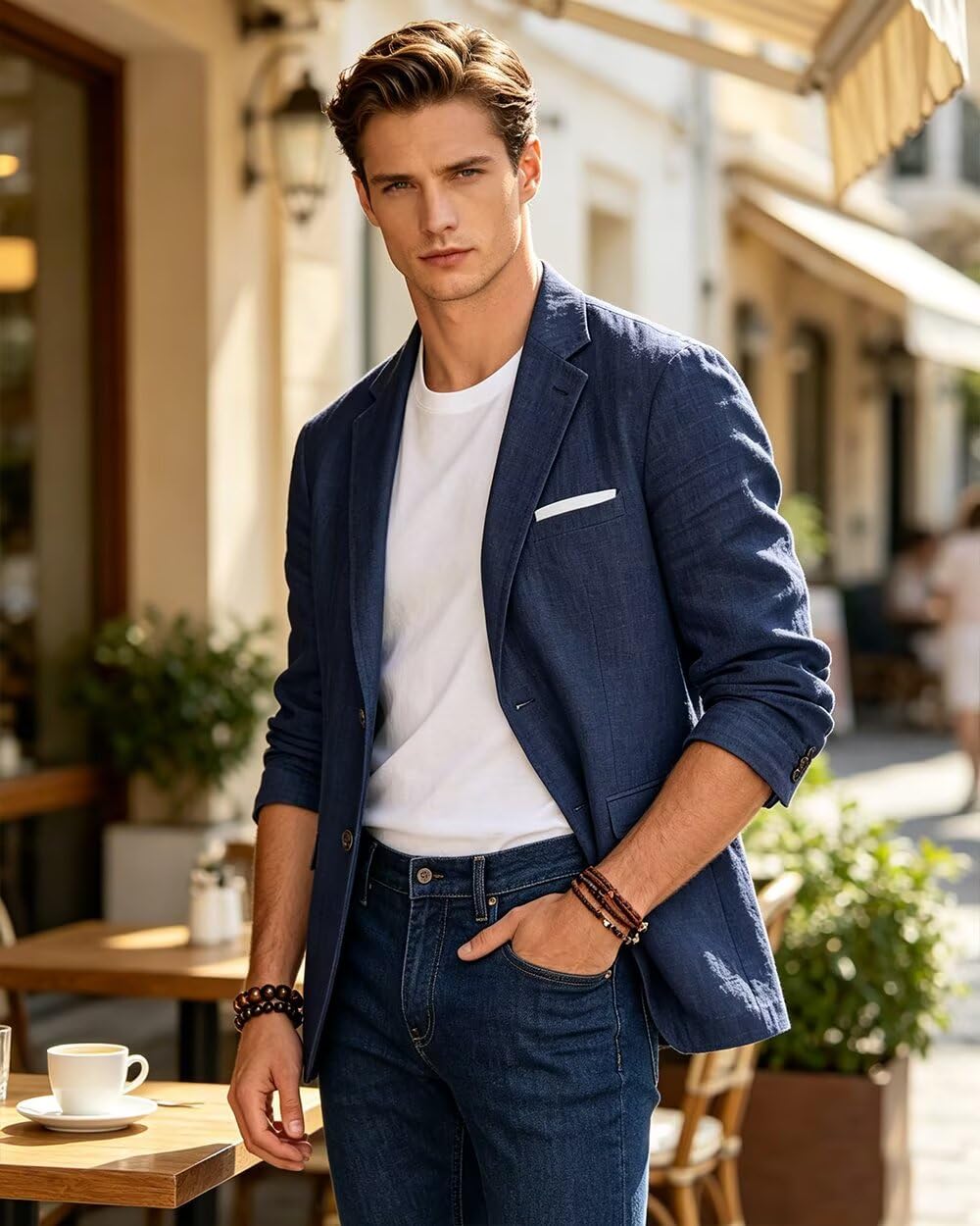 Hawcay Mens Suit Blazer Linen Slim Fit Casual Suits Jackets for Men Tuxedo Summer Wedding Beach Outfit Sports Coat Blazers Jacket Navy Blue Size L
