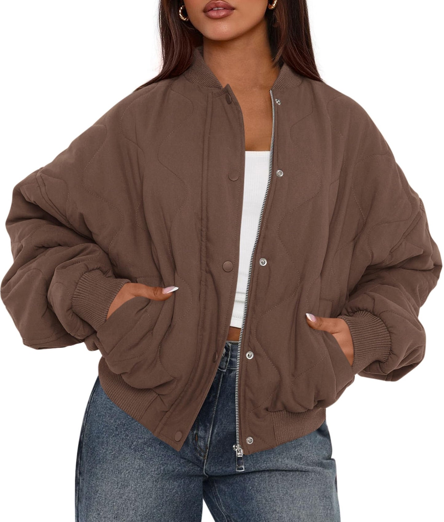 PRETTYGARDEN Women's Quilted Bomber Jacket Fall Fashion 2026 Lightweight Cropped Zip up Outerwear Winter Puffer Coats Pockets (Brown,Large)