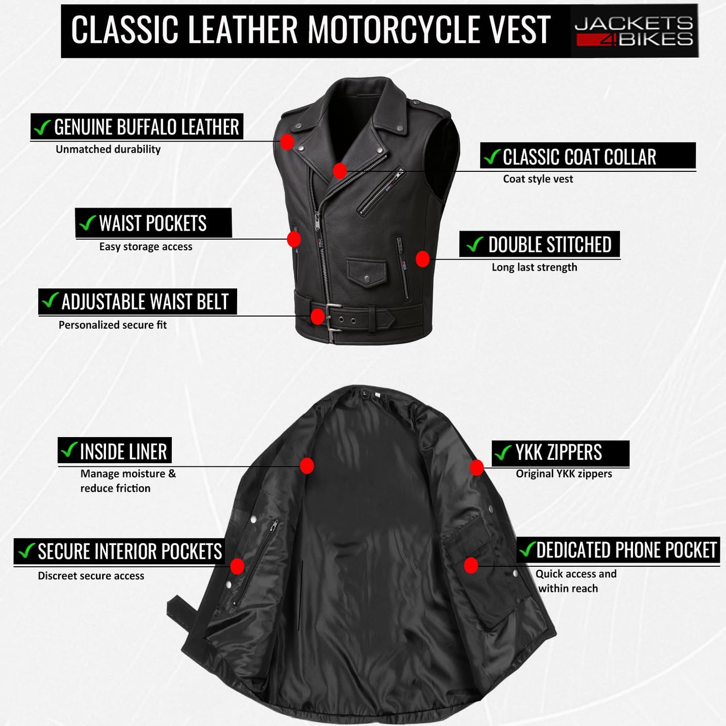 Jackets 4 Bikes Men's Classic Buffalo Leather Motorcycle Biker Vest | Vintage Cruiser Vest for Men, | Stylish Street Club Riding Black L
