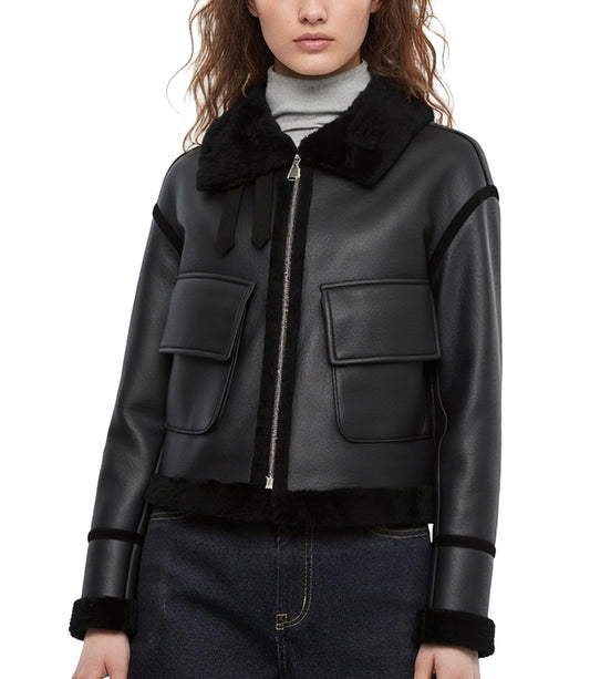 FLAVOR Classic Shearling Jacket for Womens Bomber Leather Winter Jacket Warm Black (Black, XL)